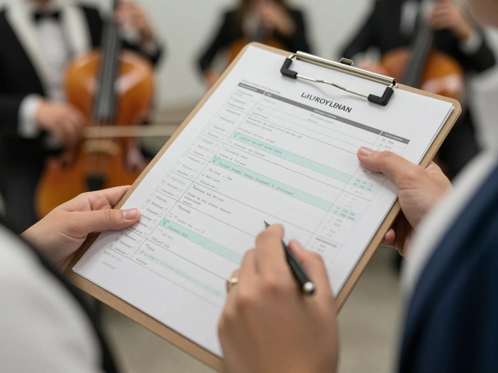 Wedding planner actively managing detailed reception timeline on clipboard