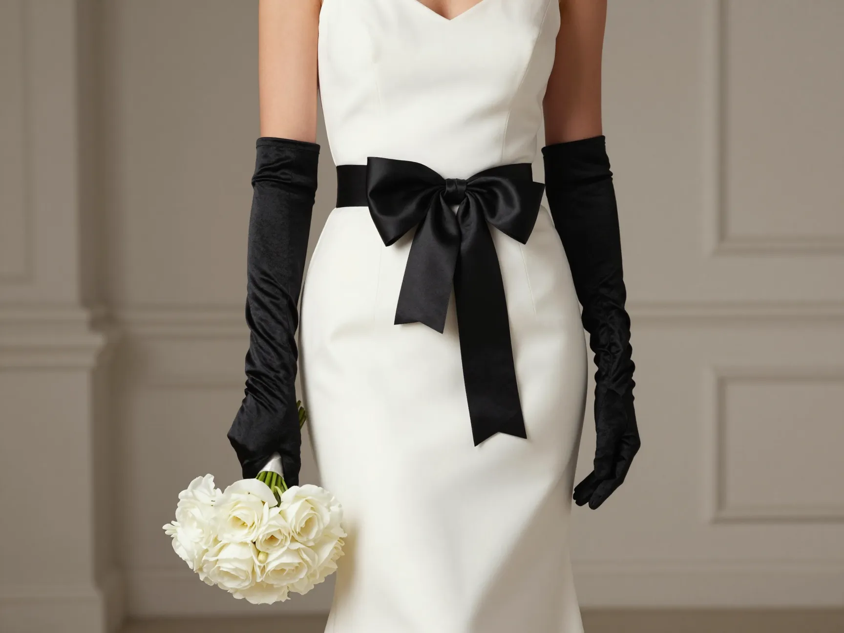 White bridal gown with black satin gloves and dramatic black bow belt