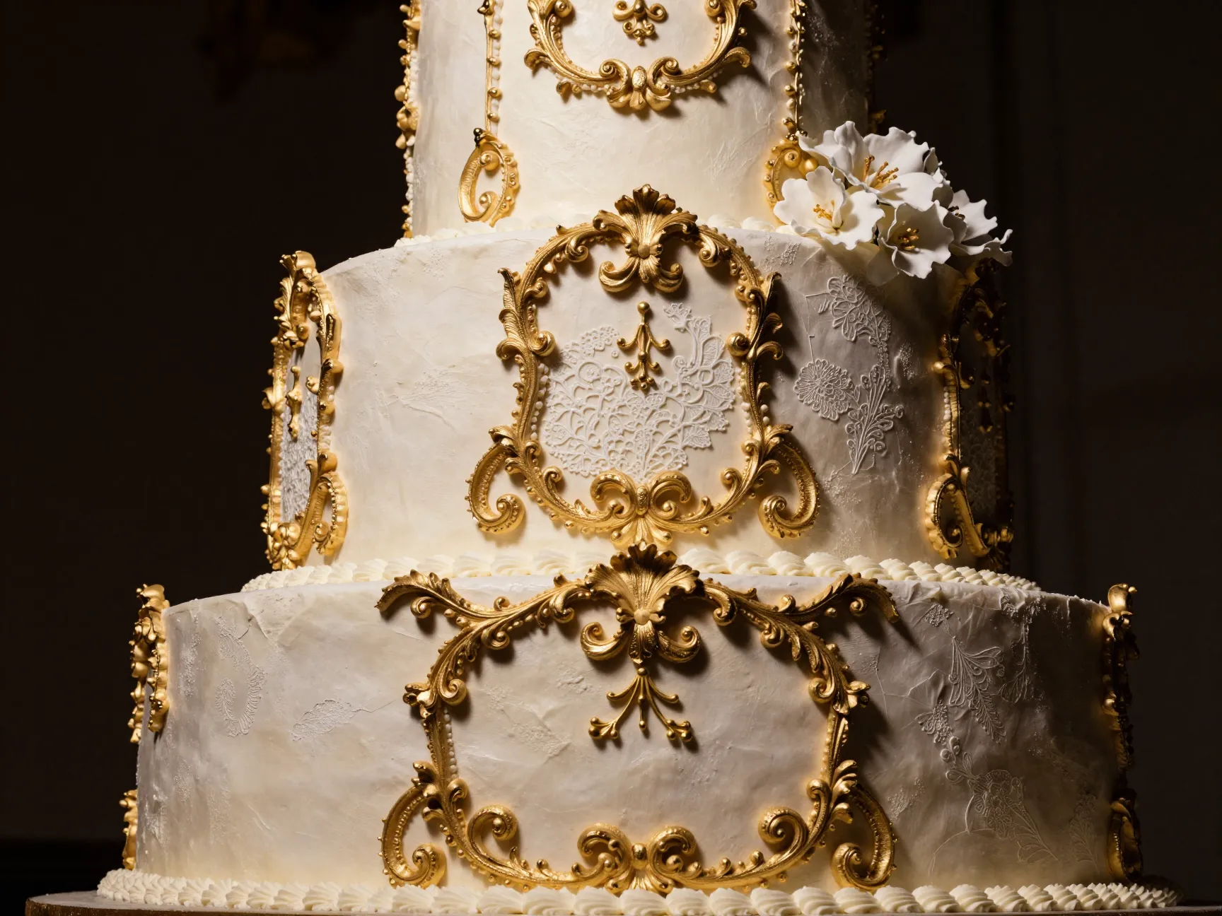 Ornate baroque wedding cake gold scrollwork dramatic textures