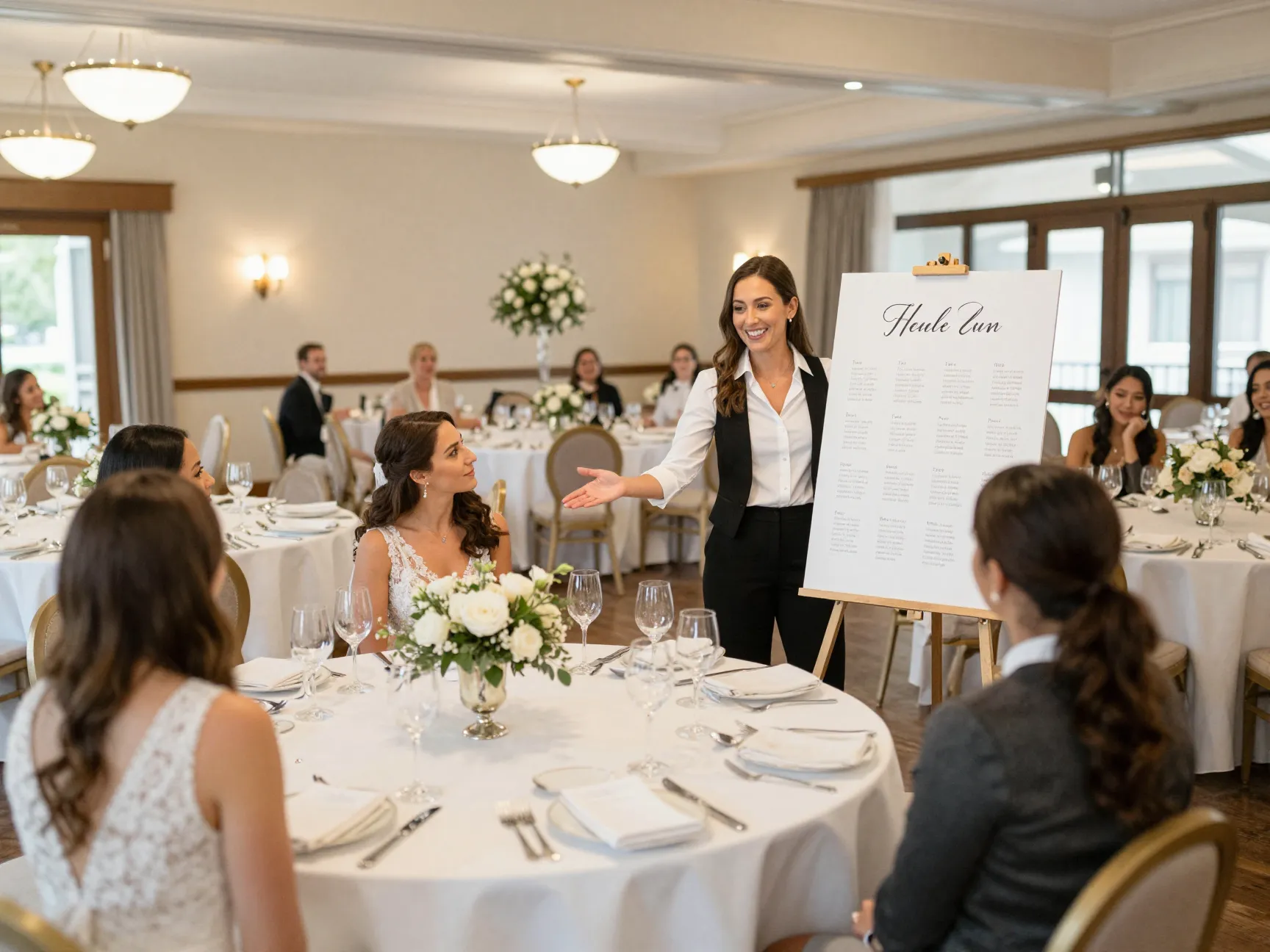 Wedding planner directing guests to assigned tables with seating chart