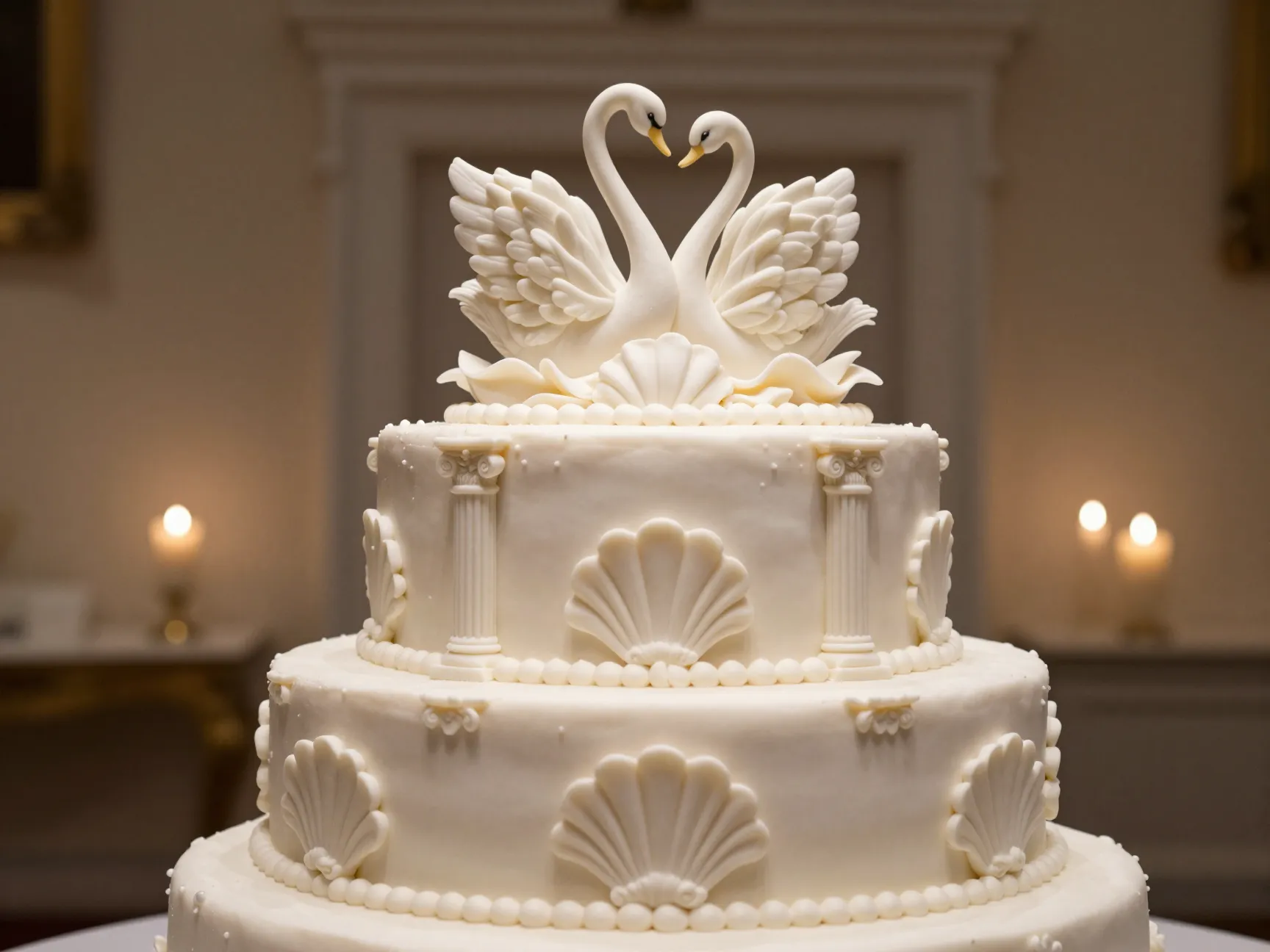Classical rococo wedding cake swan motif scallop shells