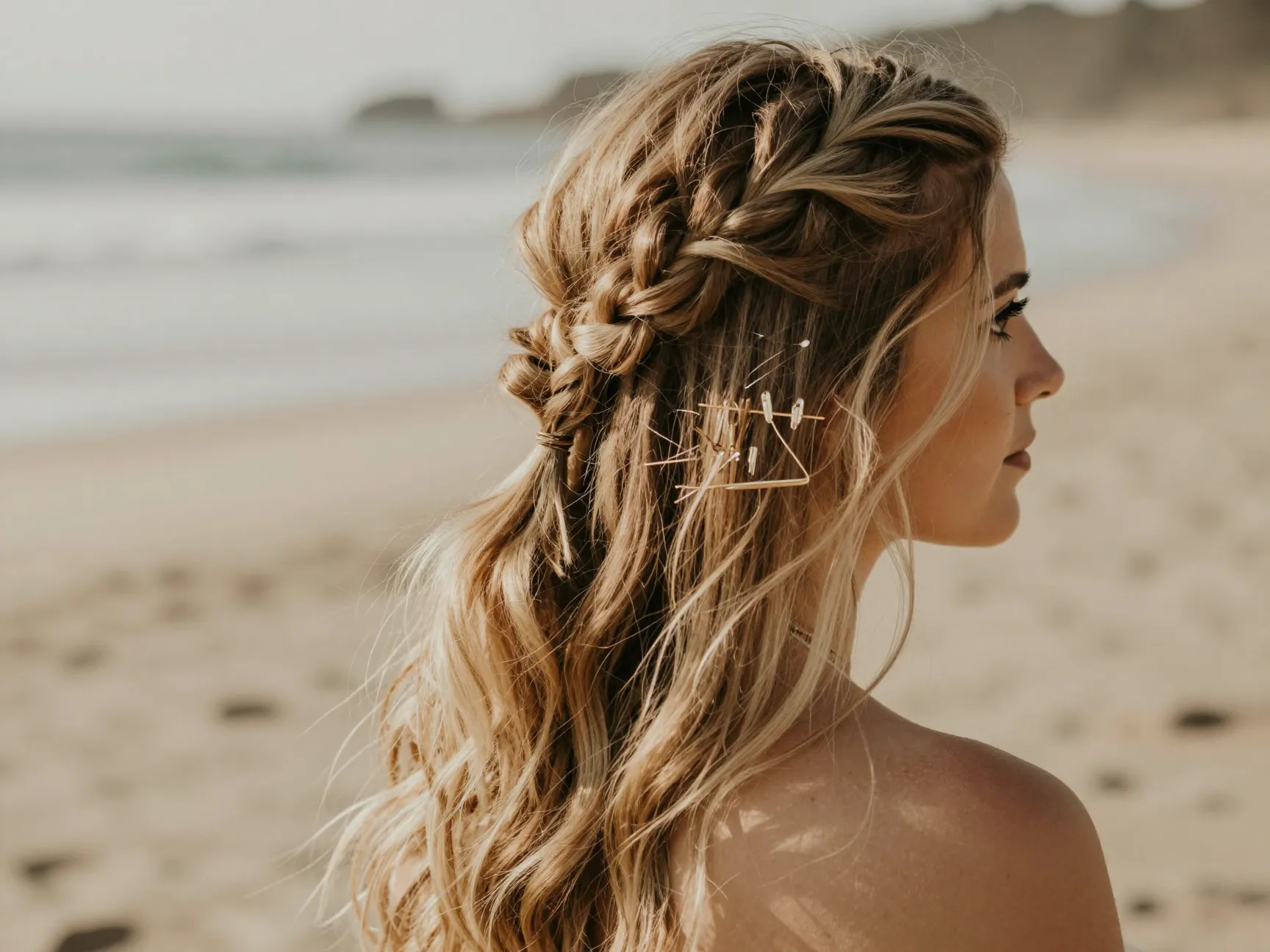 Half up dutch plait with beachy waves and sculptural metal pins