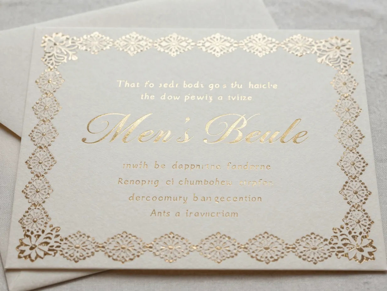 Ivory lace border champagne gold foil romantic invitation