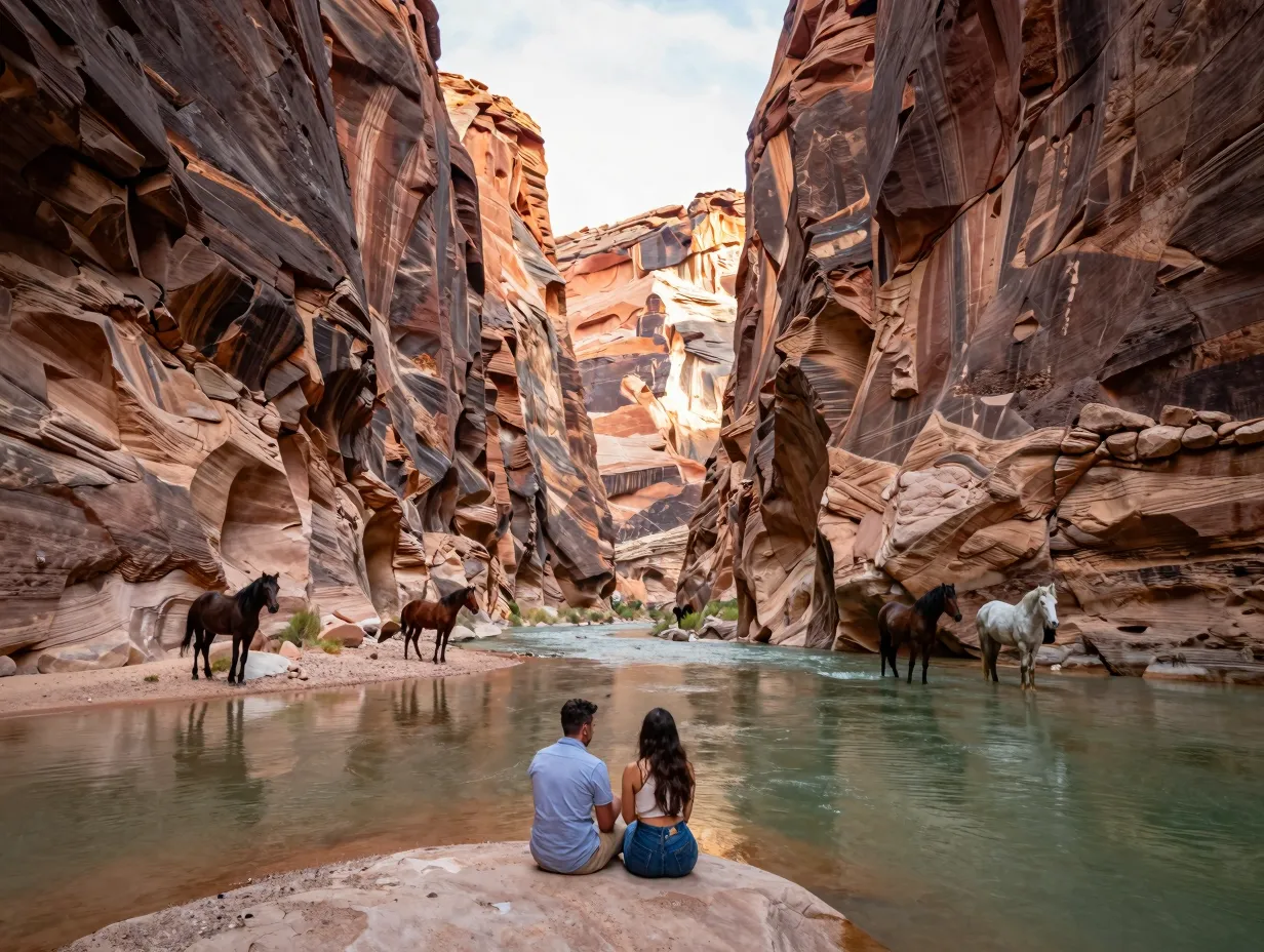 Salt river canyon adventurous couple wild horses canyon walls