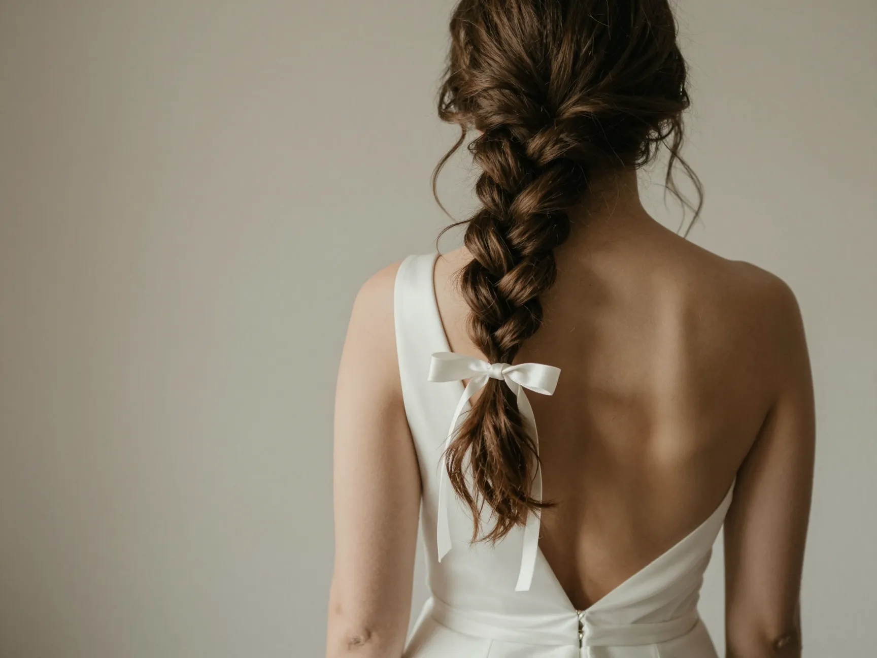 Side swept plait over shoulder with loose strands and ribbon detail