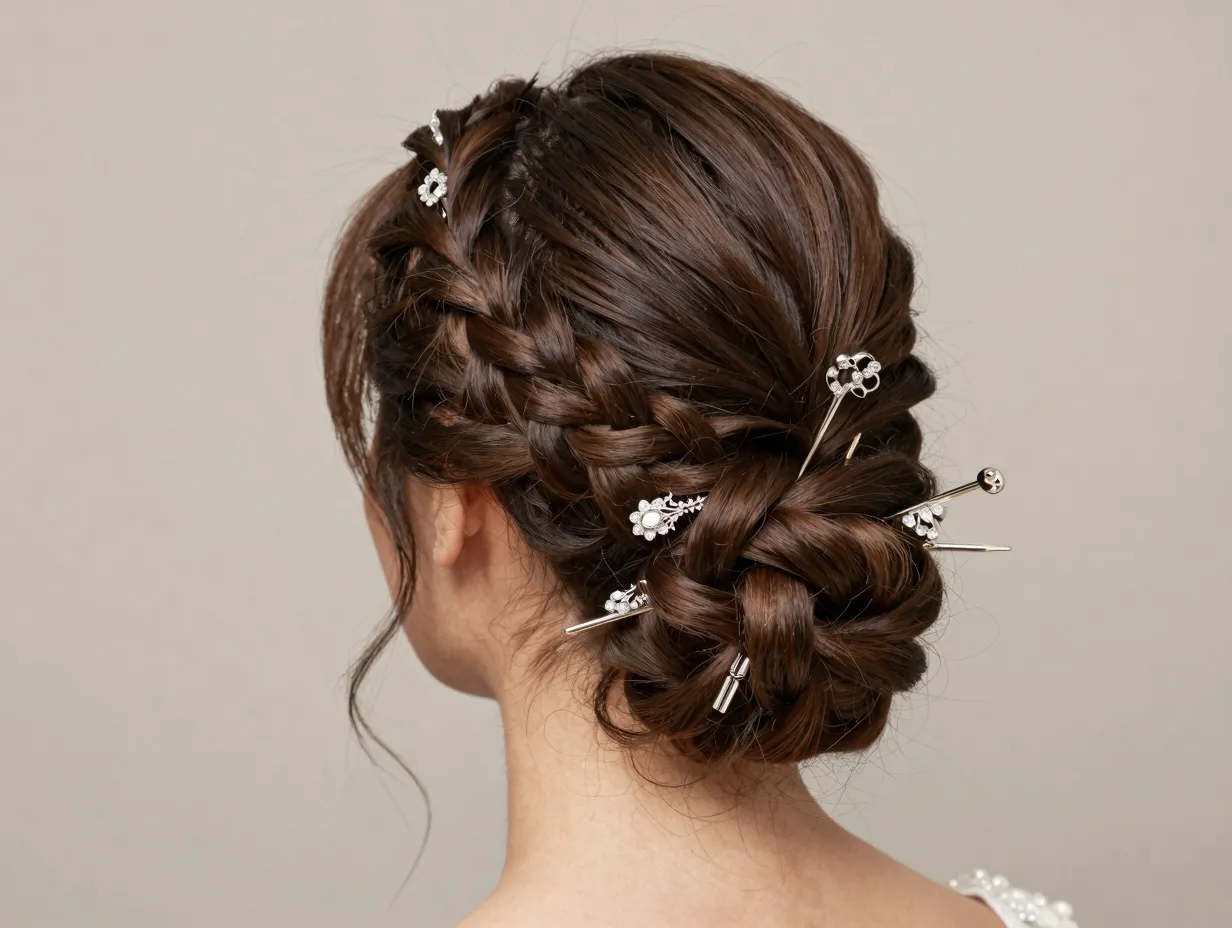 Braided updo with twisted bun and architectural hair pins