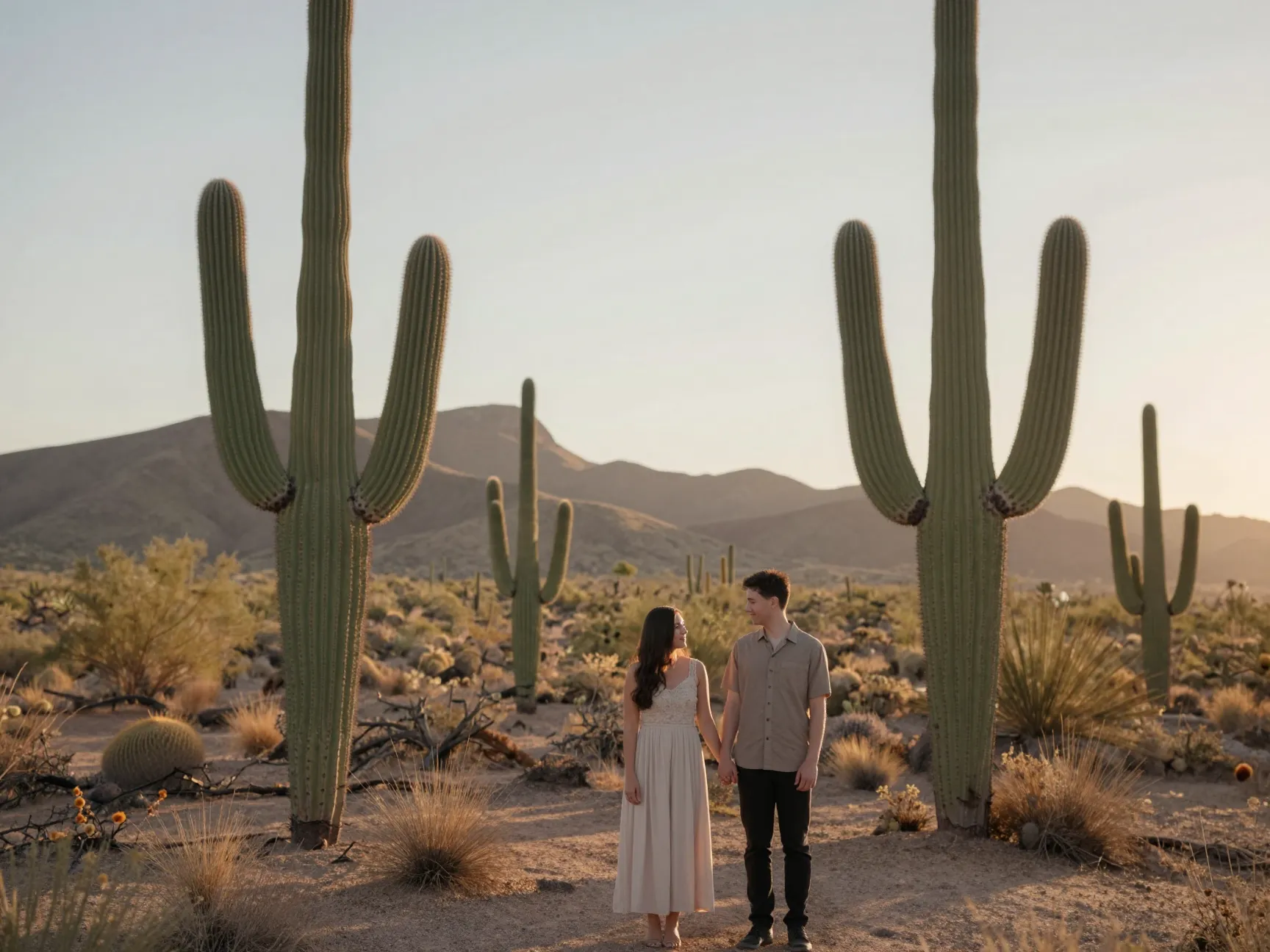 Sonoran desert preserve sunrise saguaro cactus rolling hills portrait