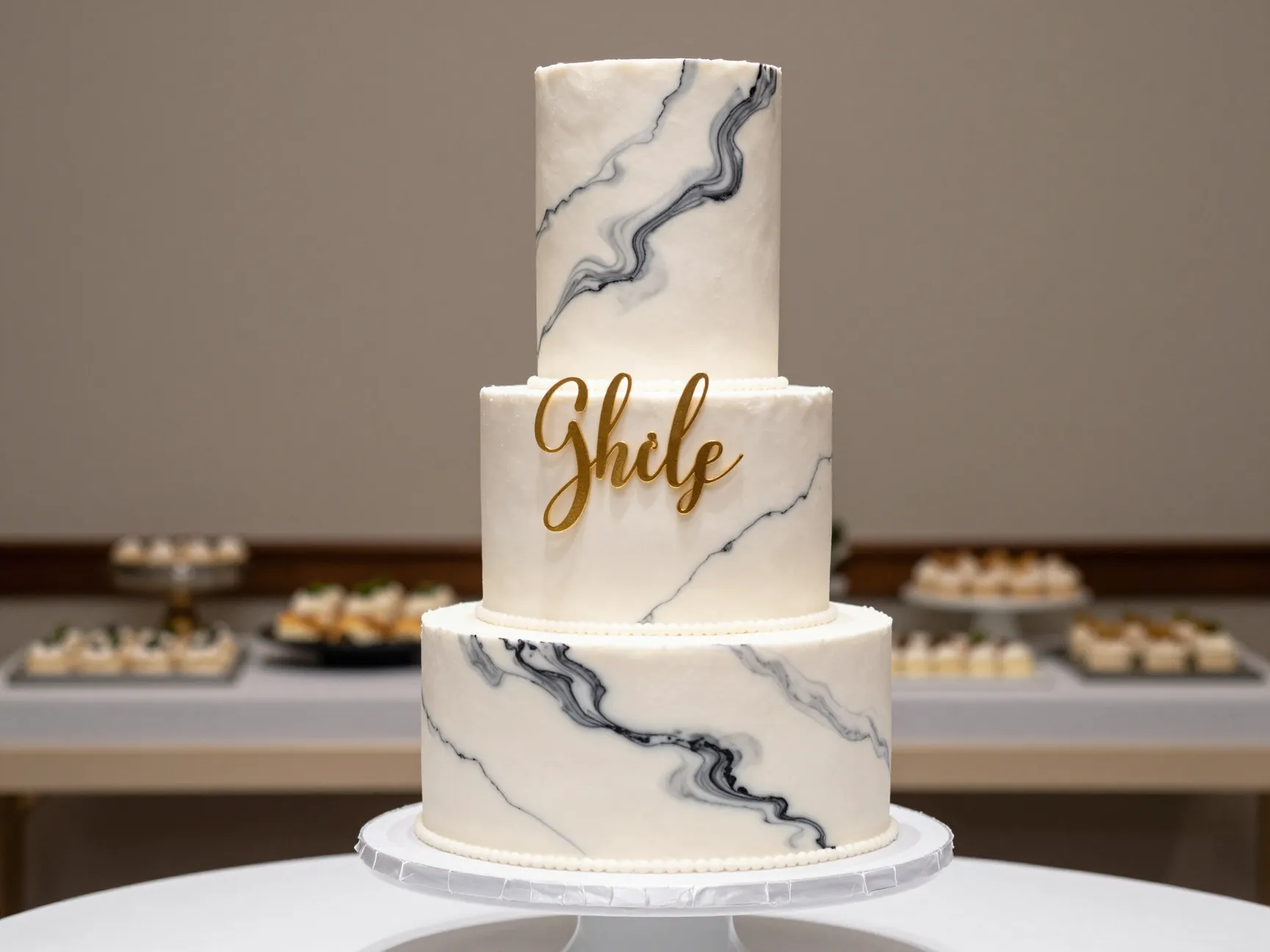 Tiered white wedding cake with black marble fondant and gold monogram