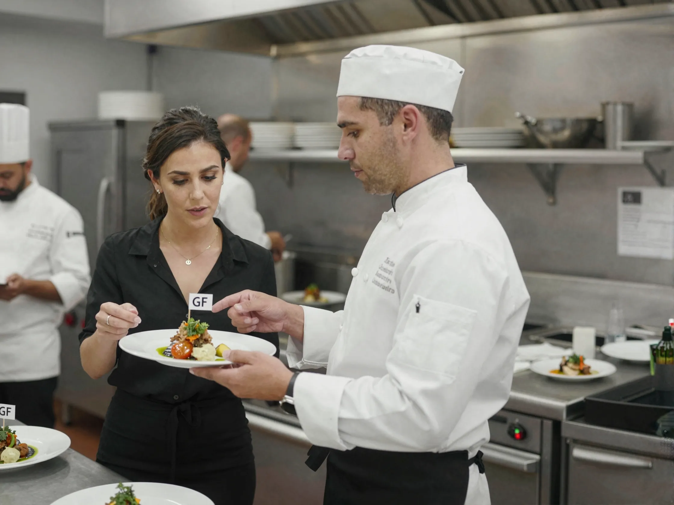 Wedding planner verifying allergen free meal with caterer in kitchen