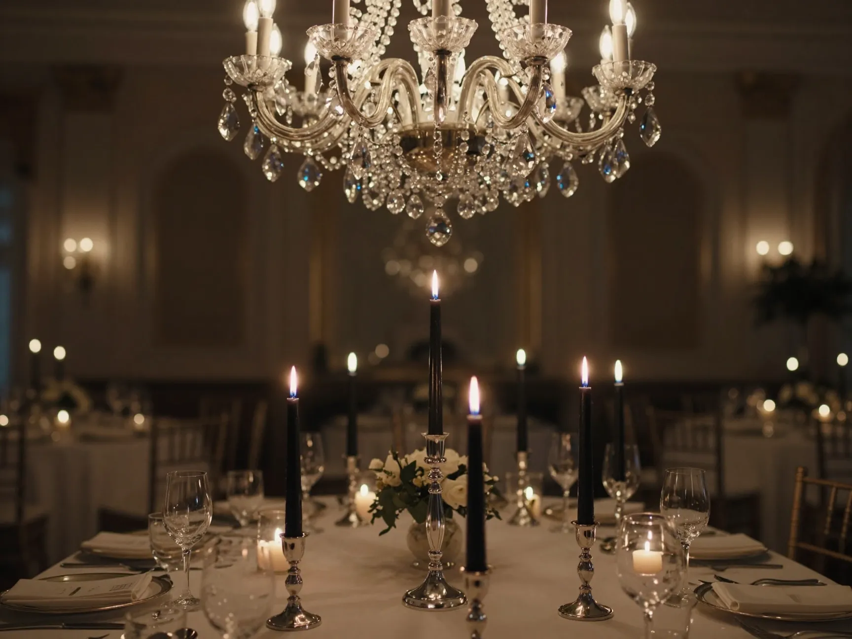 Crystal chandelier and black taper candles on a reception table