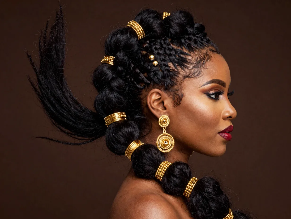 Goddess braid with voluminous plait and gold bead accents