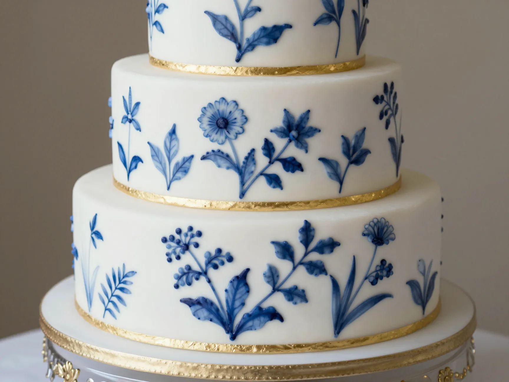 Hand painted porcelain wedding cake blue botanical designs