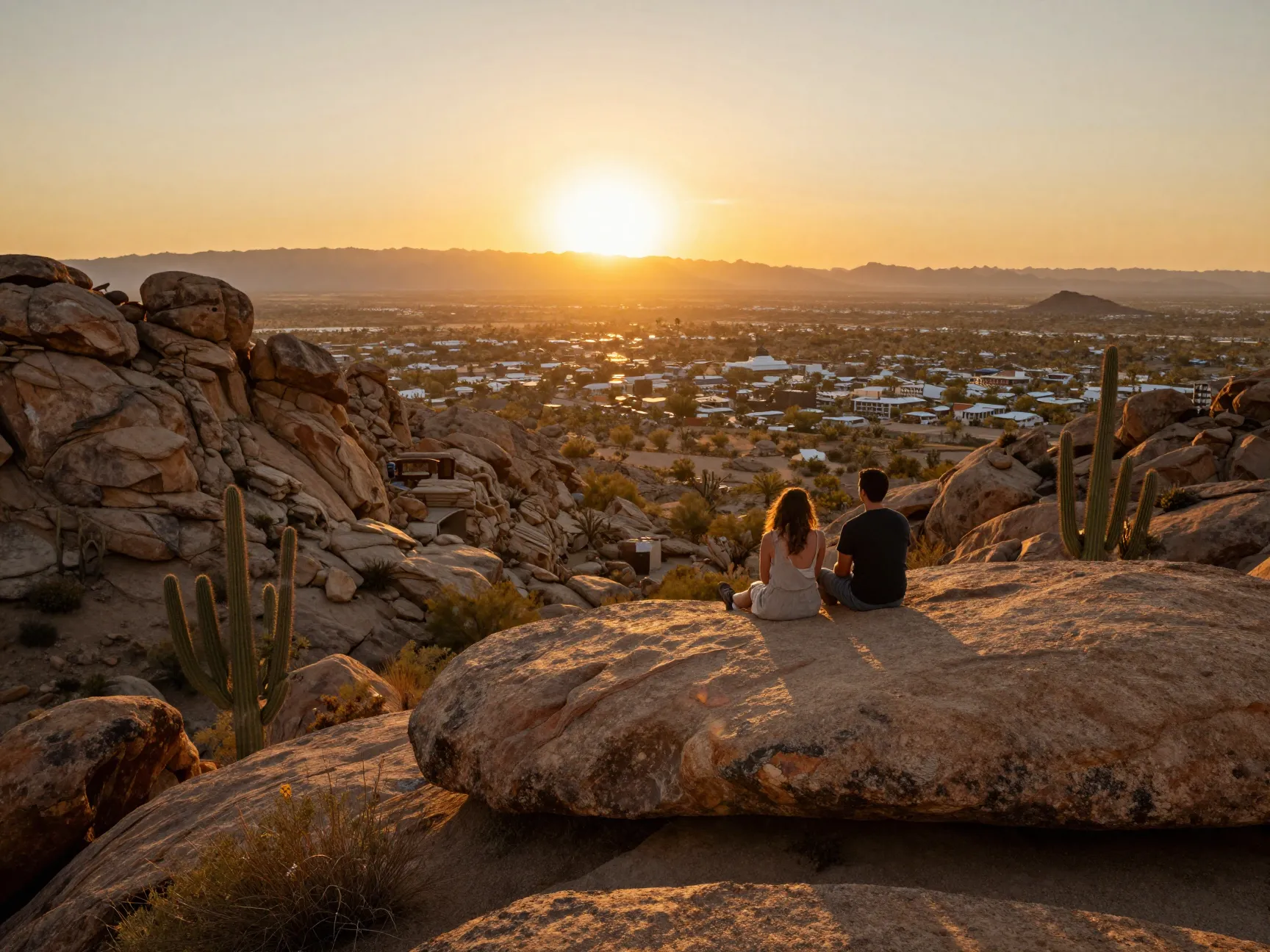 South mountain park phoenix panoramic sunset golden hour boulders