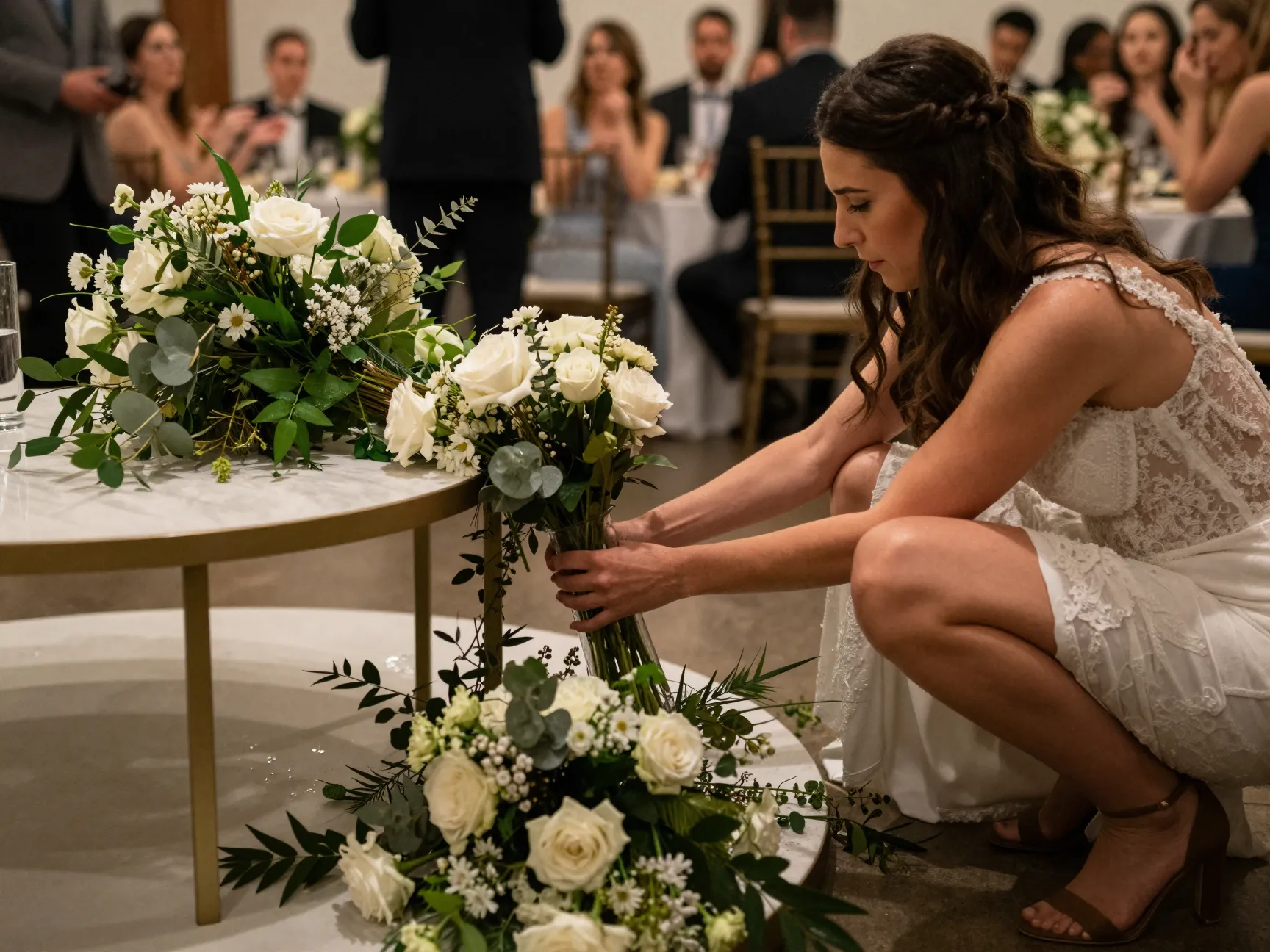 Wedding planner discreetly solving problem of fallen centerpiece