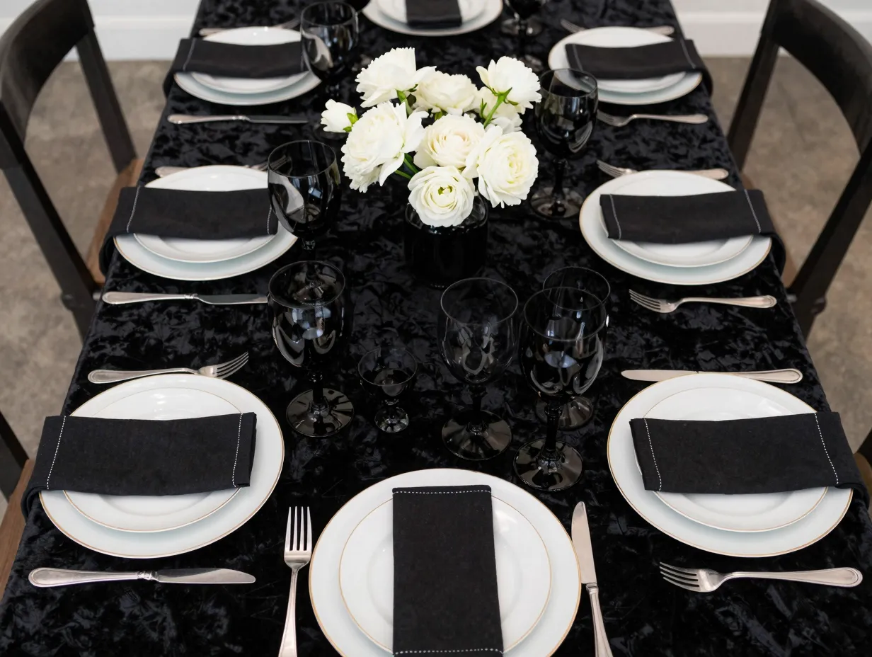 Black velvet tablecloth with white china and black stemmed glassware