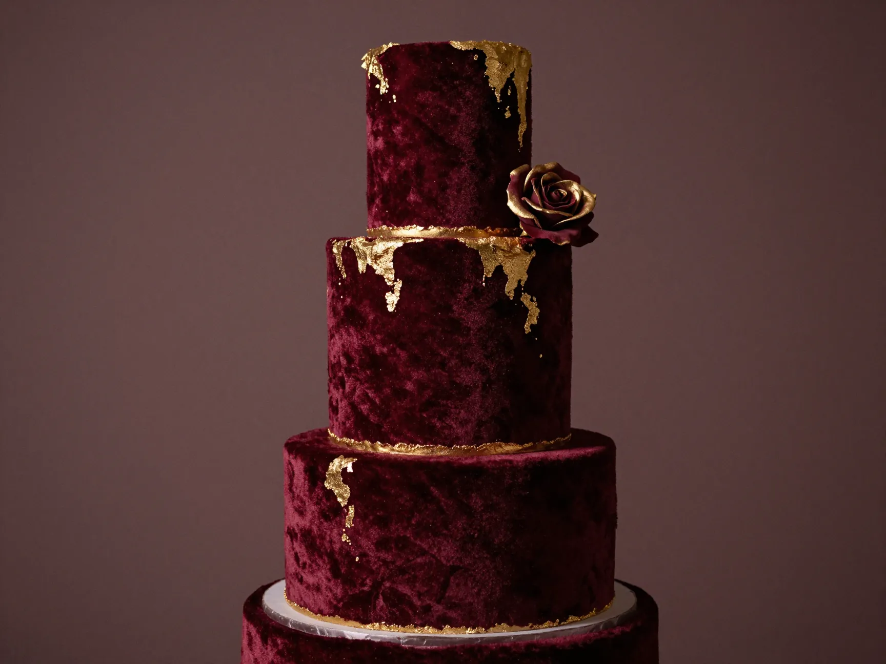 Monochromatic burgundy velvet wedding cake gold leaf accents