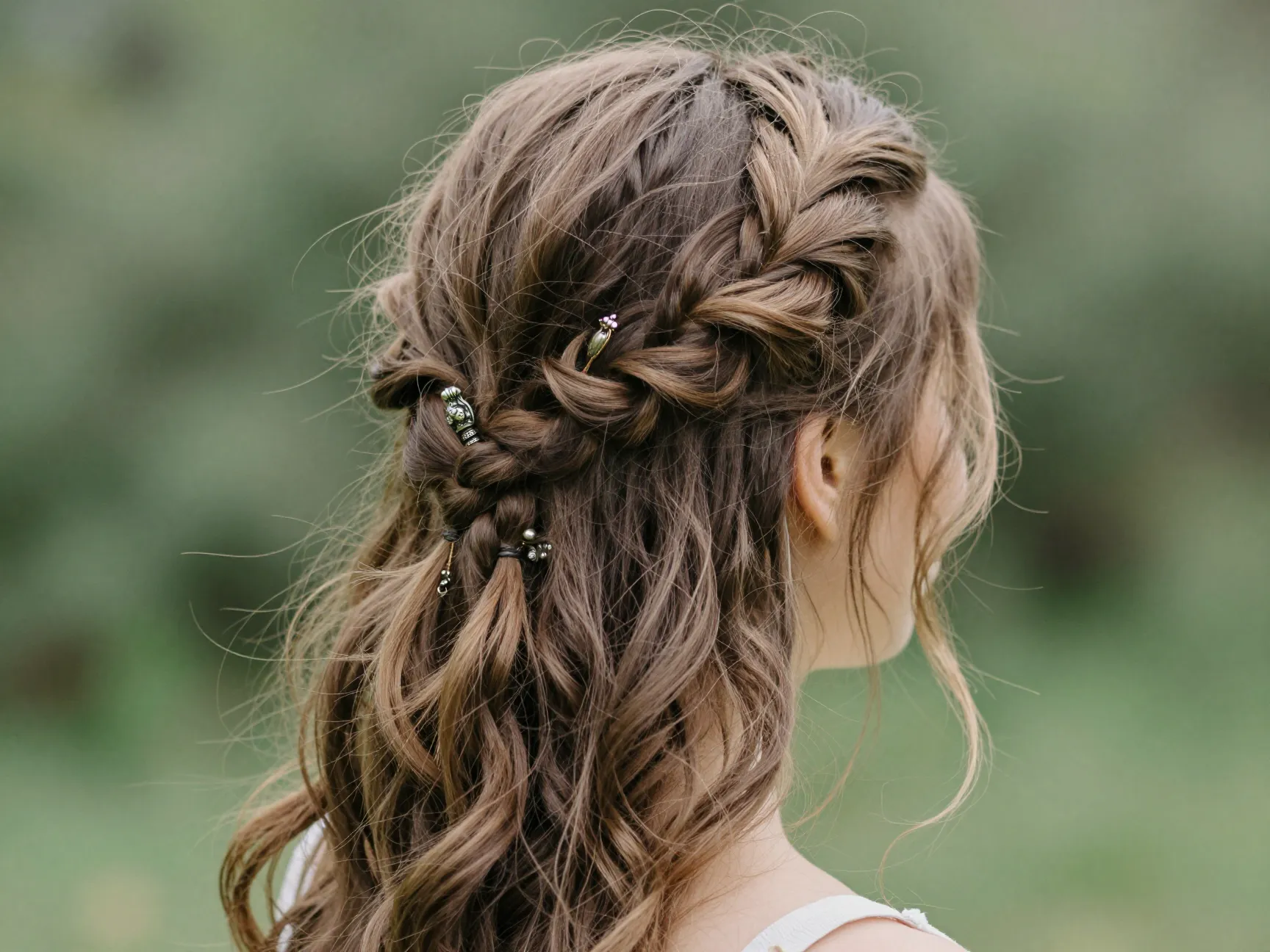 Upswept braided style with loose pinned sections and wispy pieces