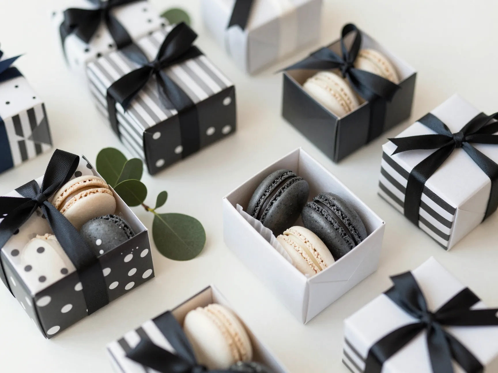 Black and white macaron wedding favors in monochrome packaging box