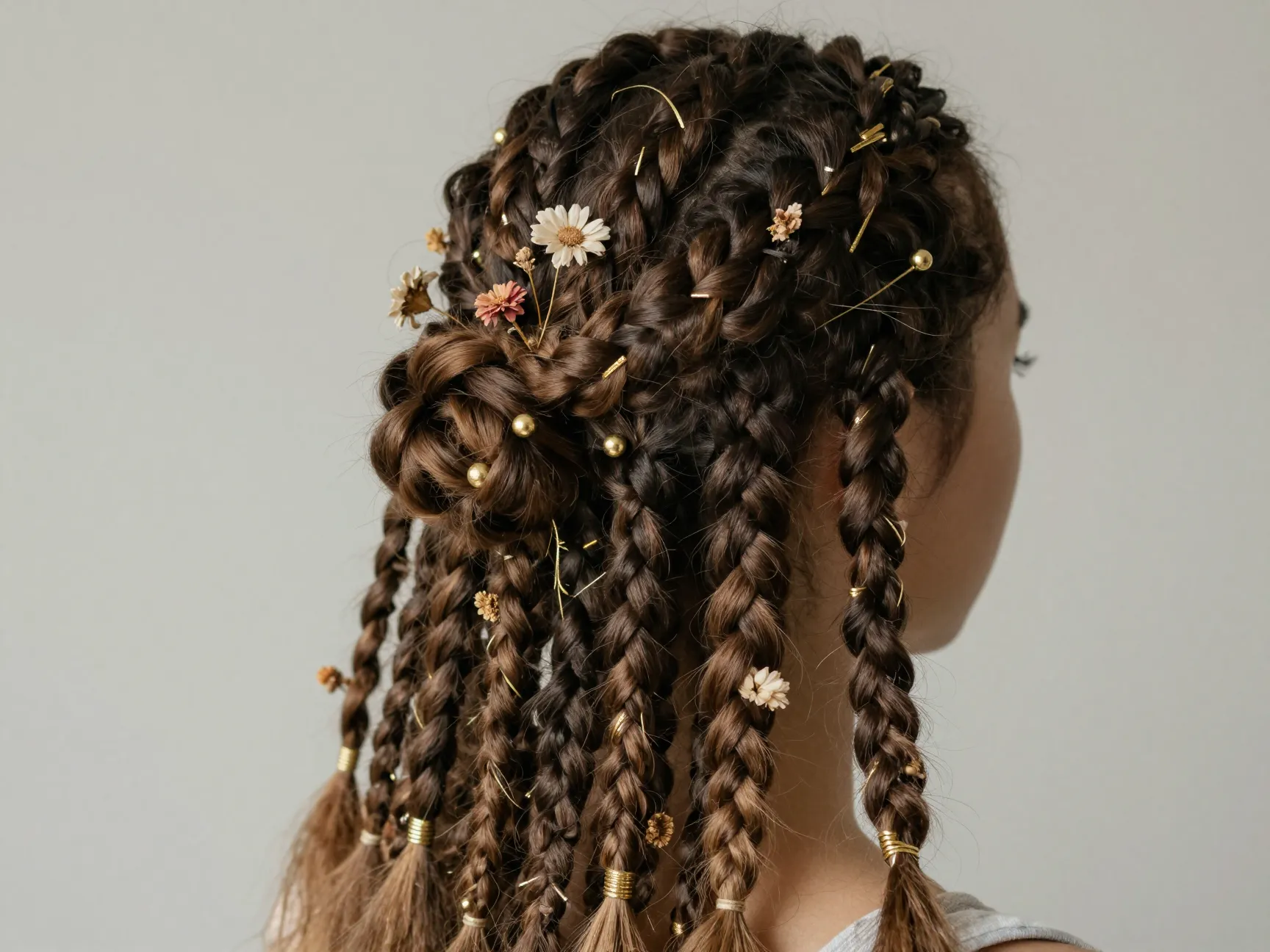 Boho box braid half up style with dried flowers and metallic thread
