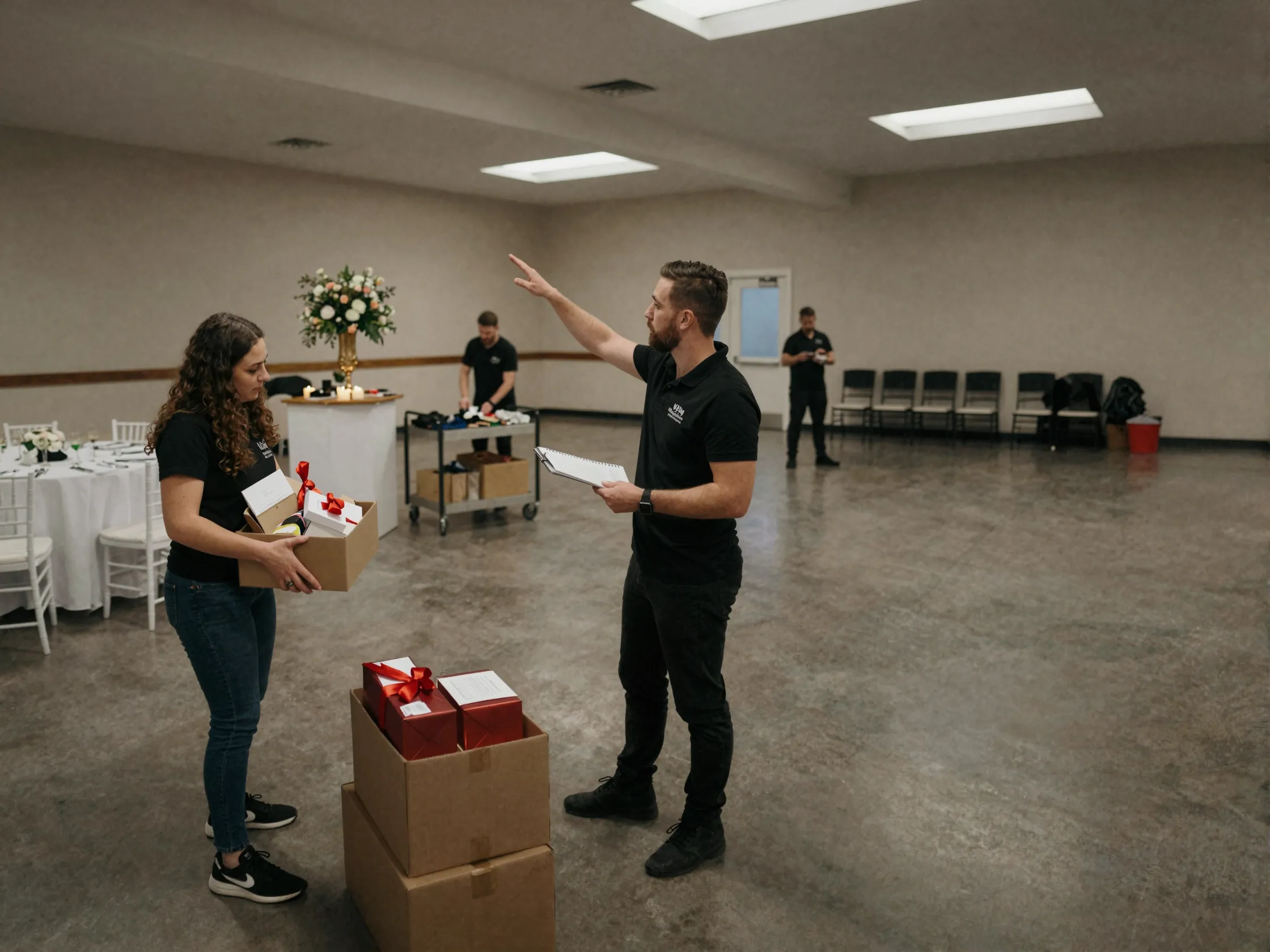 Wedding planner overseeing end of night logistics and gift collection