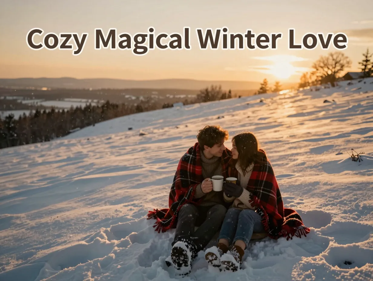Couple plaid blanket snowy hill golden hour falling snow aerial view