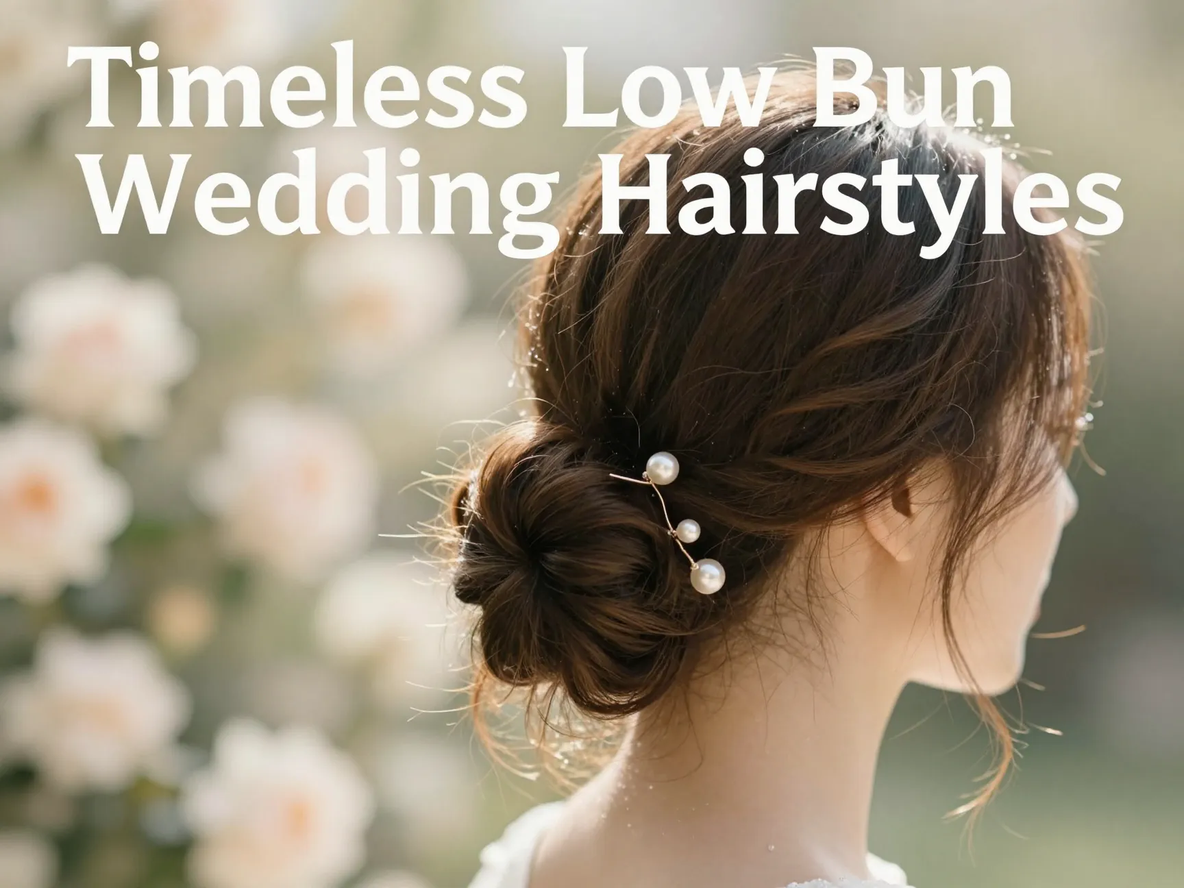 Elegant low bun bridal hair nape tendrils pearl pins garden