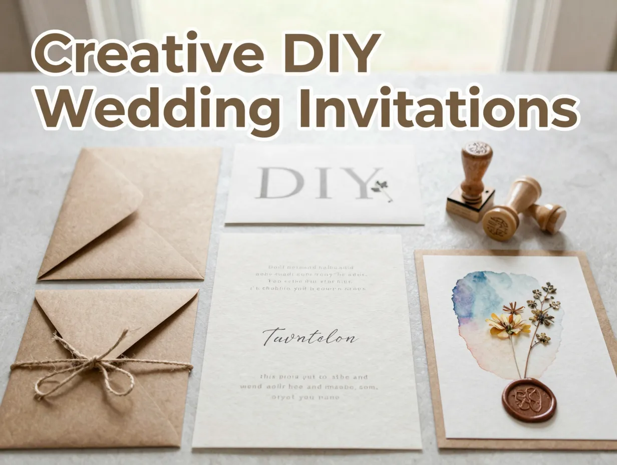 Handmade budget wedding invitation flat lay assortment diy craft materials