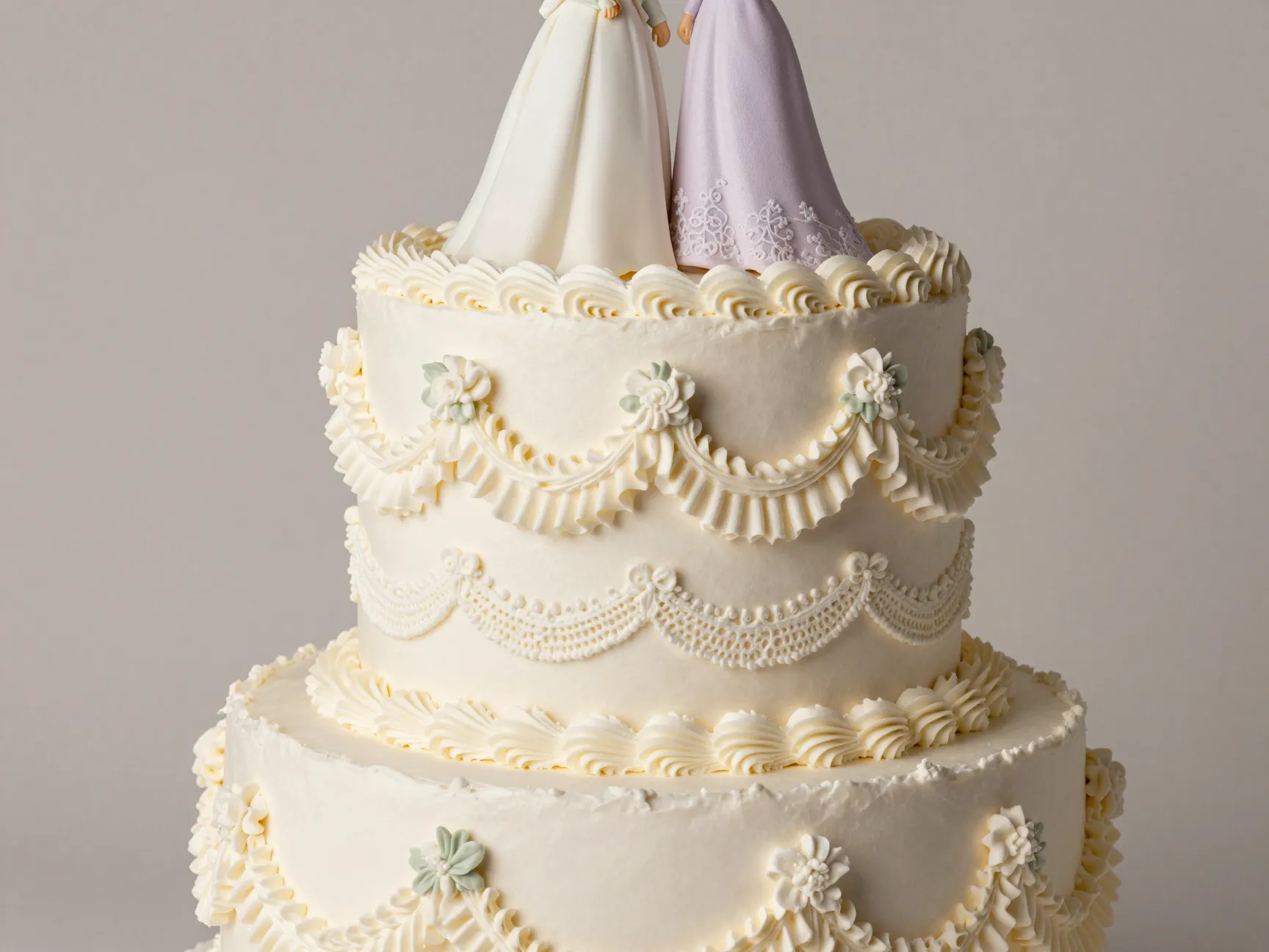 Elaborate white lambeth buttercream wedding cake with vintage topper