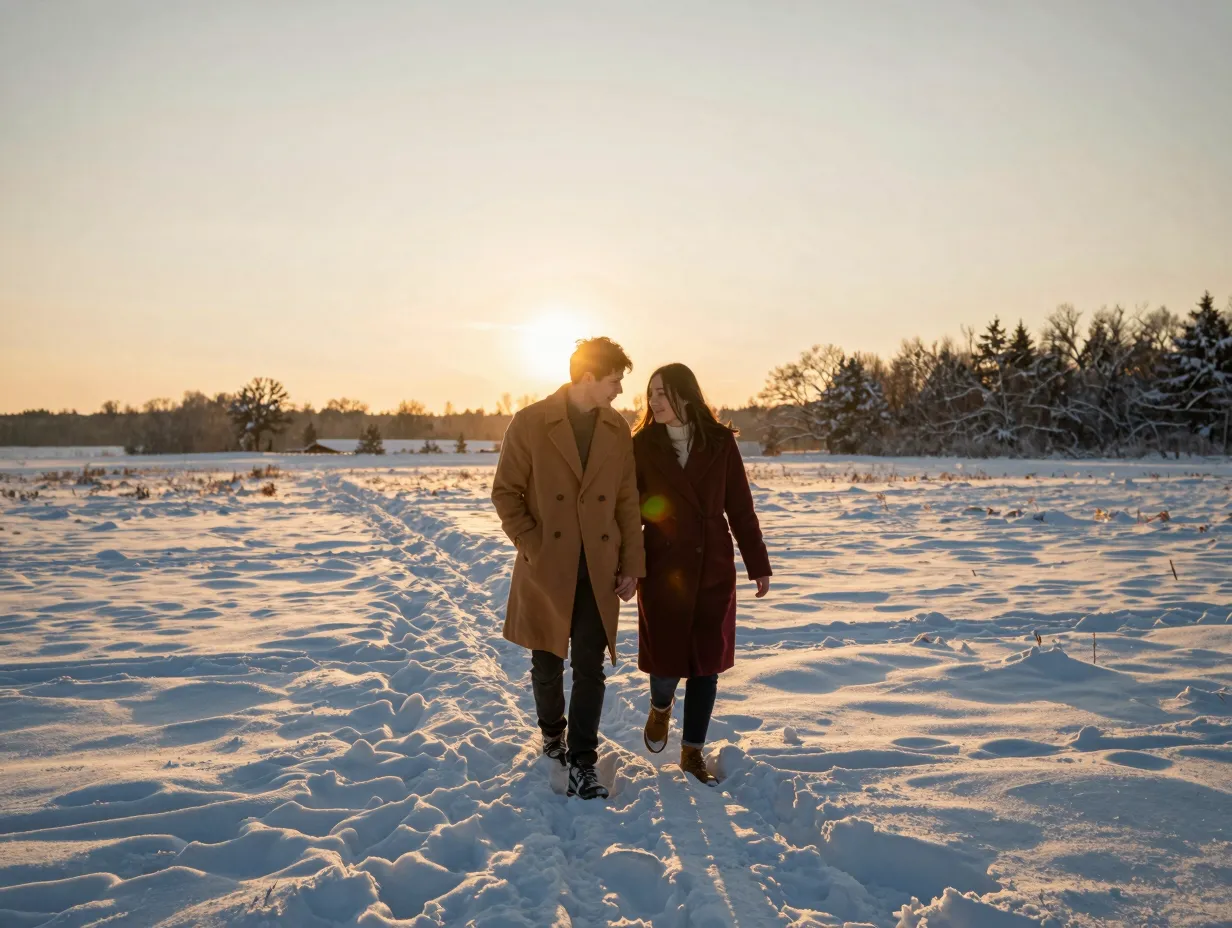 Golden hour couple in snow blanketed field sunset glow