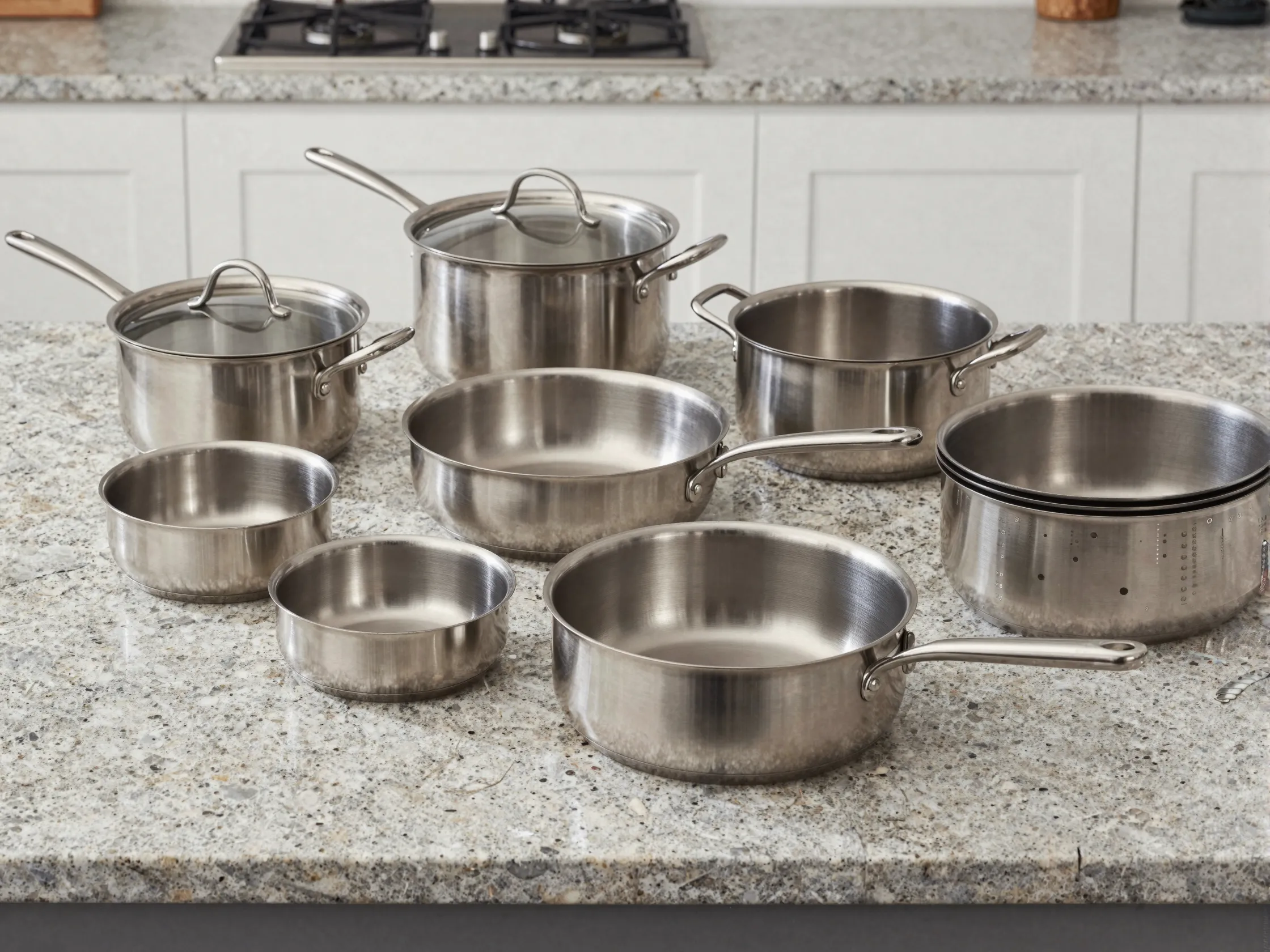 Stainless steel cookware set arranged on modern kitchen countertop