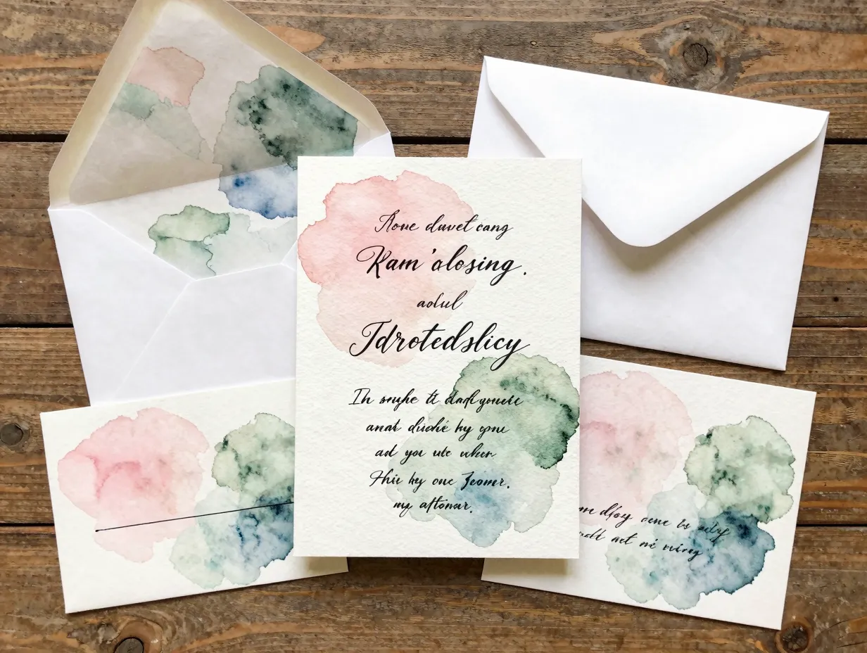 Watercolor wash invitation with blended colors and fine pen text