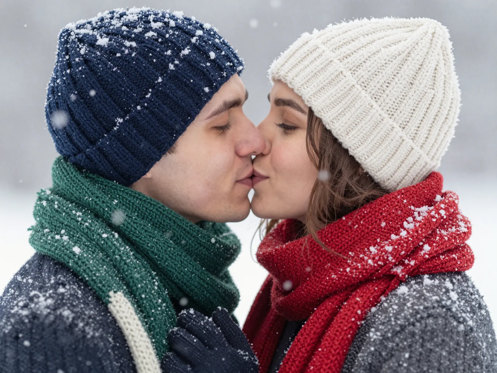 Couple kissing in falling snow complementary scarf knitwear
