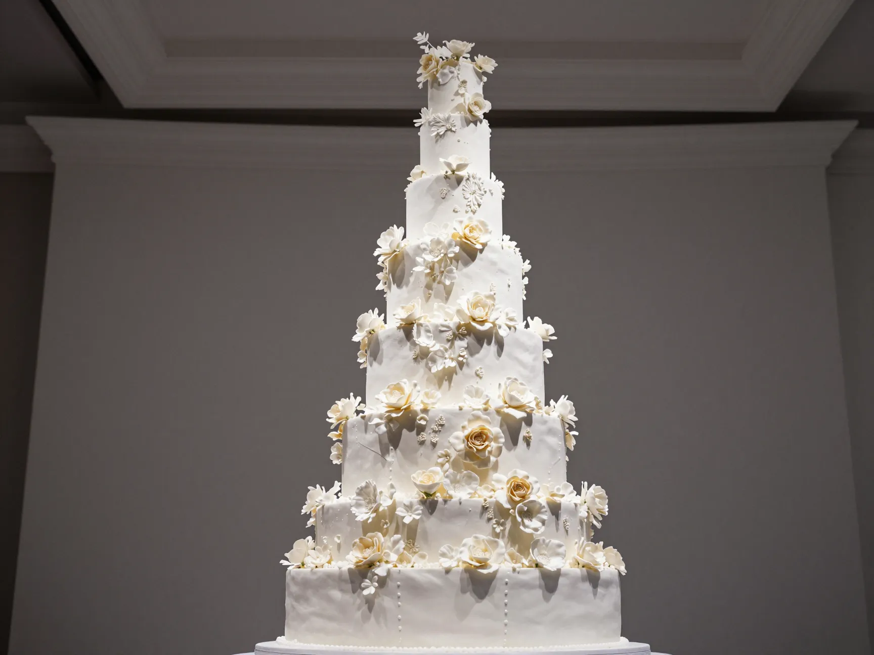 Dramatic six foot tall asymmetrical wedding cake with sugar flowers