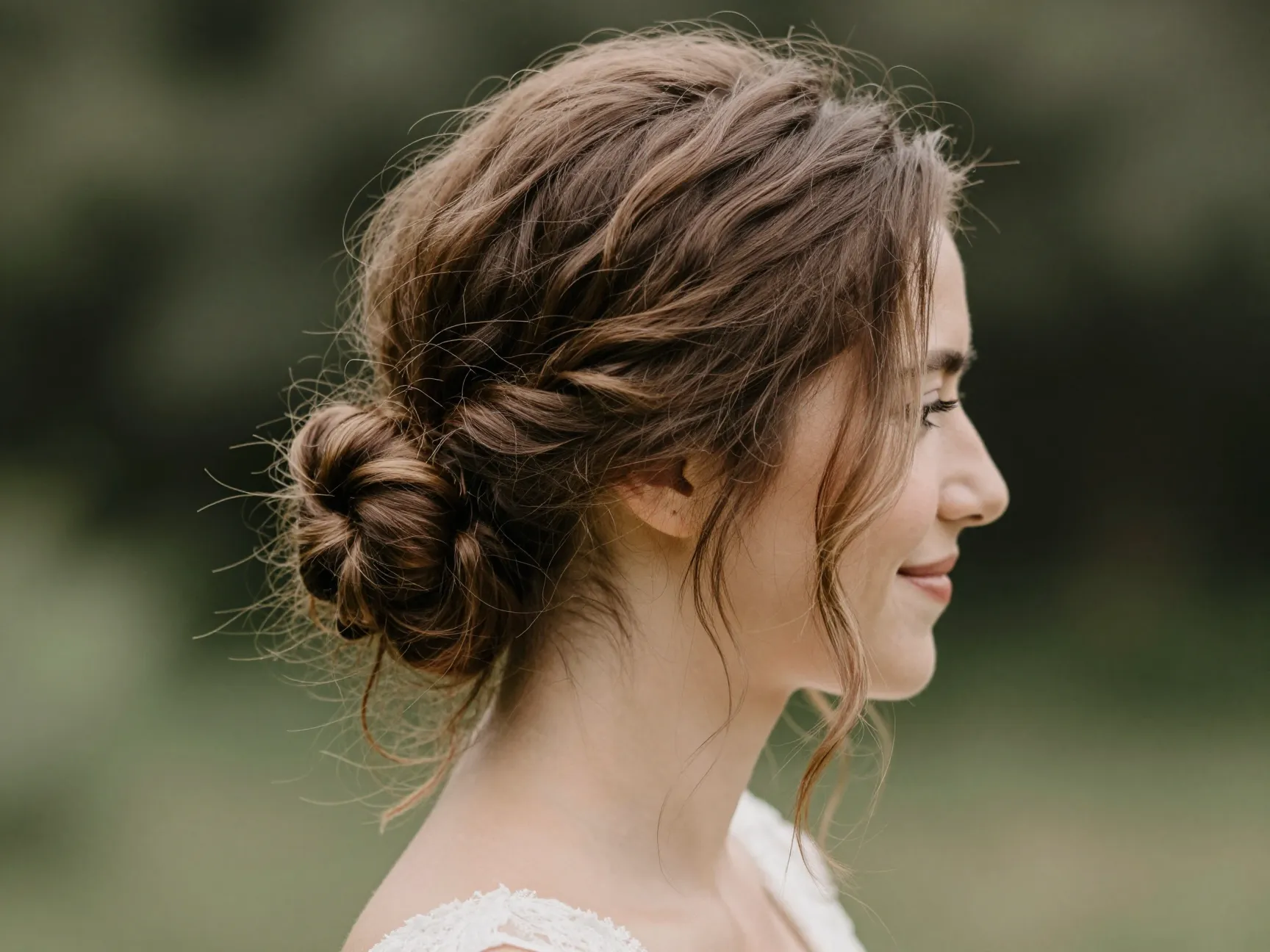 Garden wedding bride soft textured romantic bun loose strands