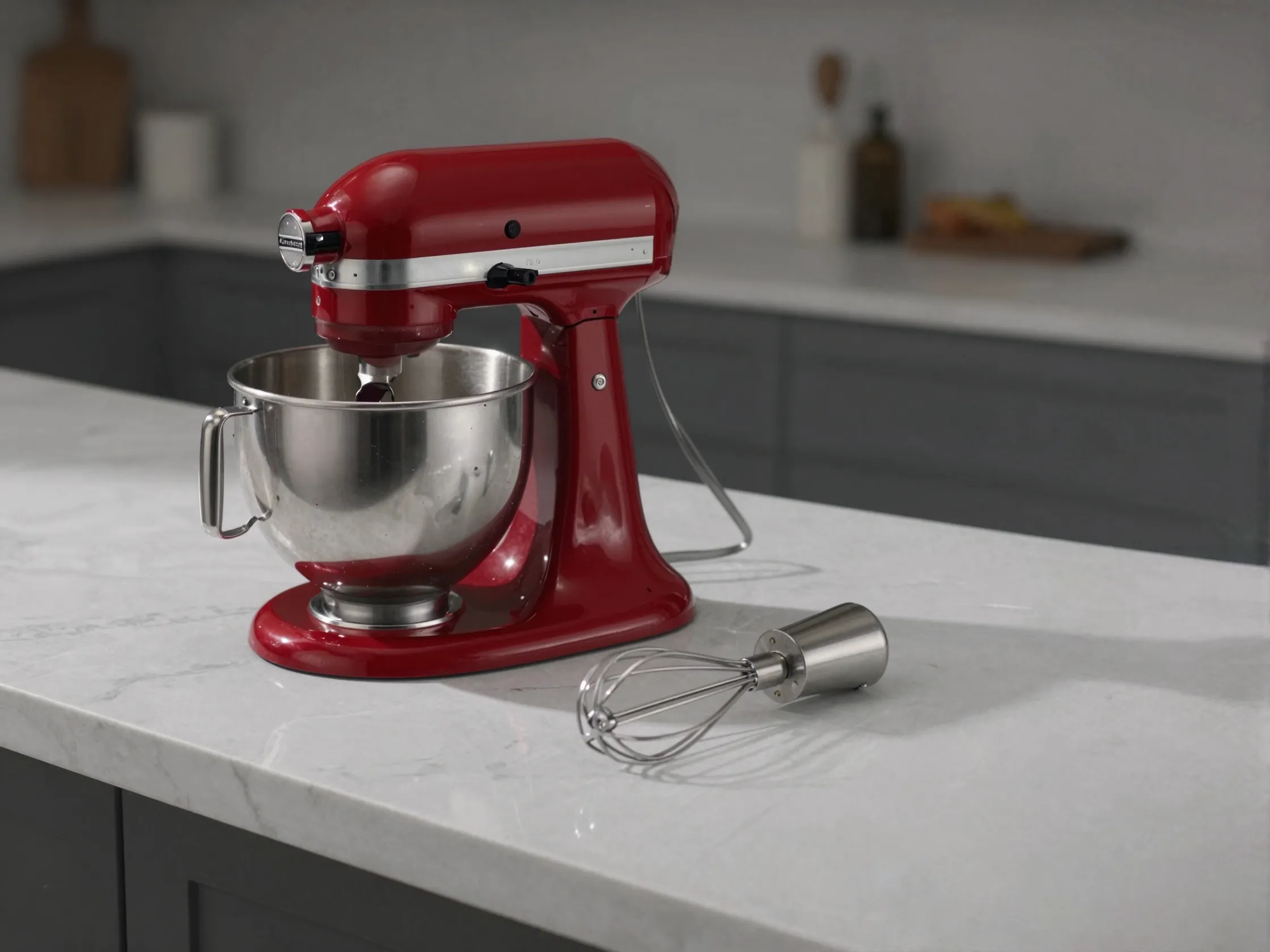 Kitchenaid artisan stand mixer on marble counter with attachments
