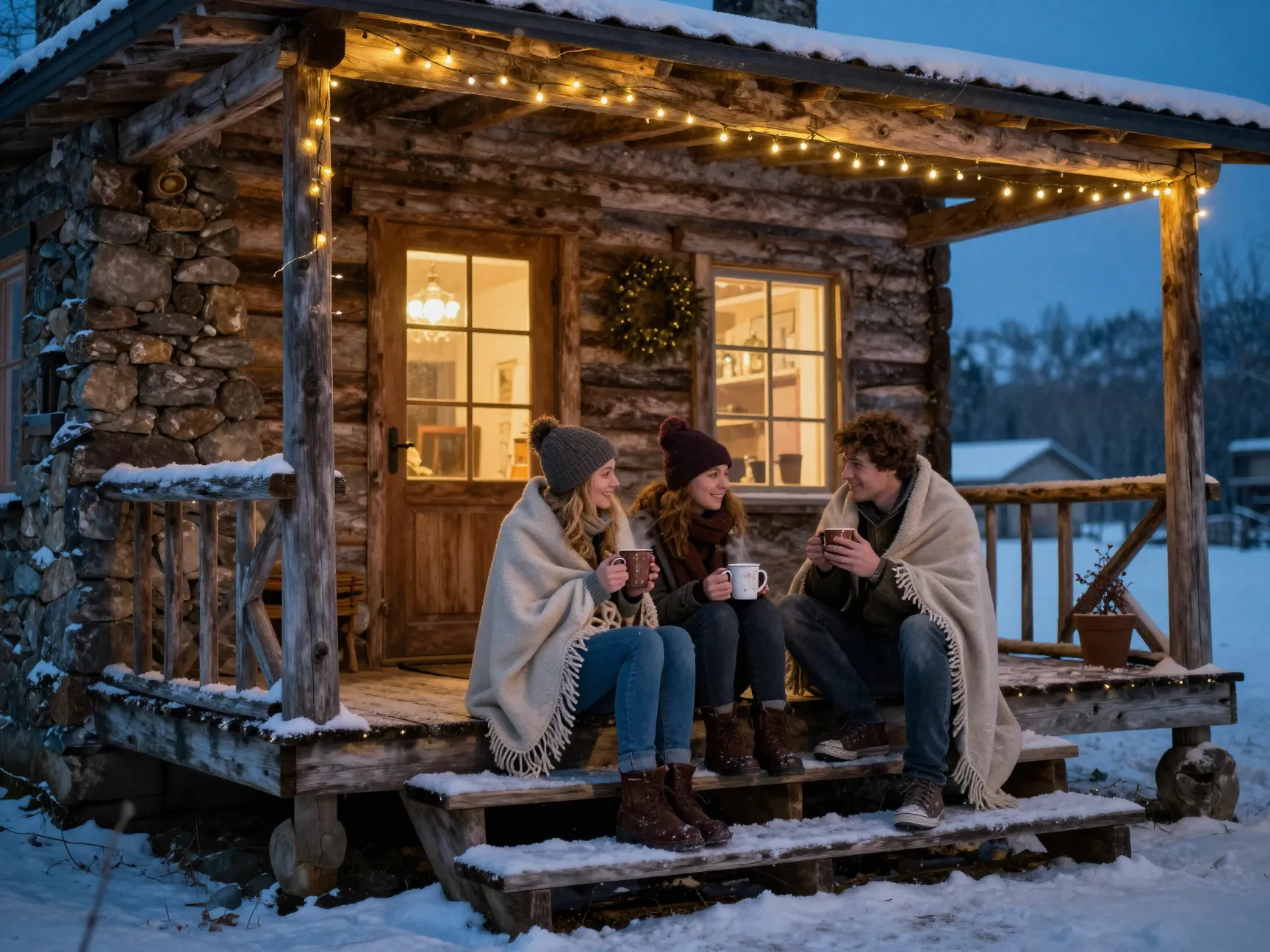 Couple on rustic cabin porch steps with twinkling lights