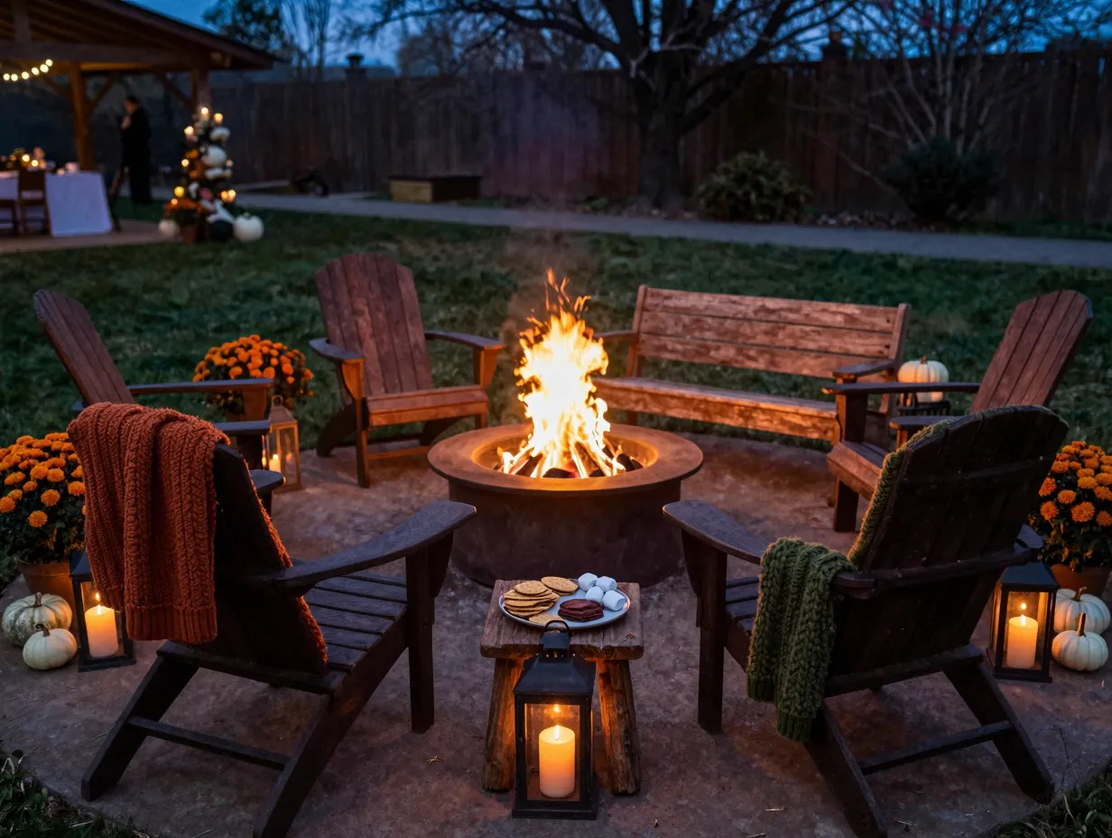 Fire pit lounge zone with adirondack chairs and knit blankets