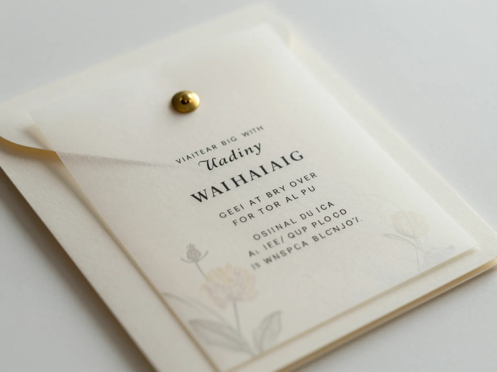 Layered vellum overlay invitation secured with a brass brad