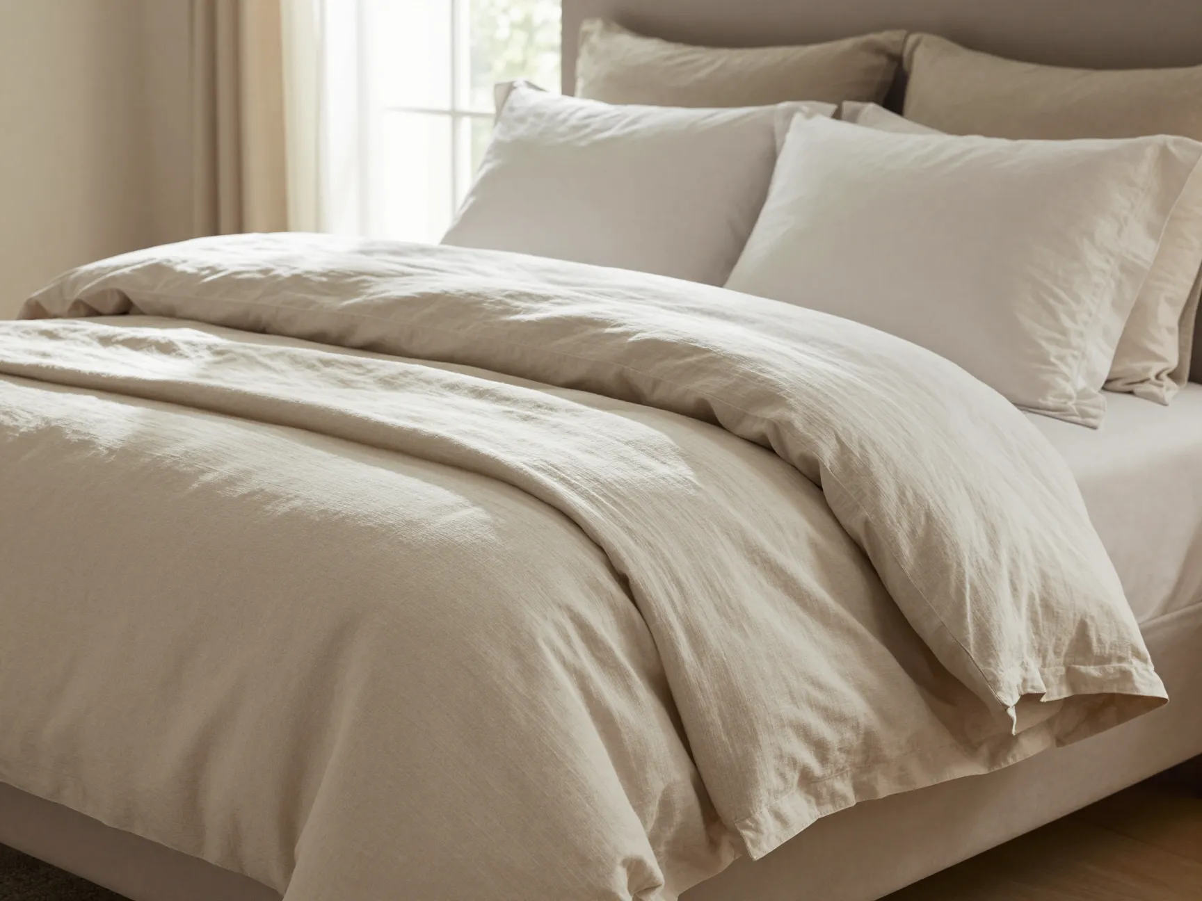 Luxurious high thread count bedding layered on a made bed