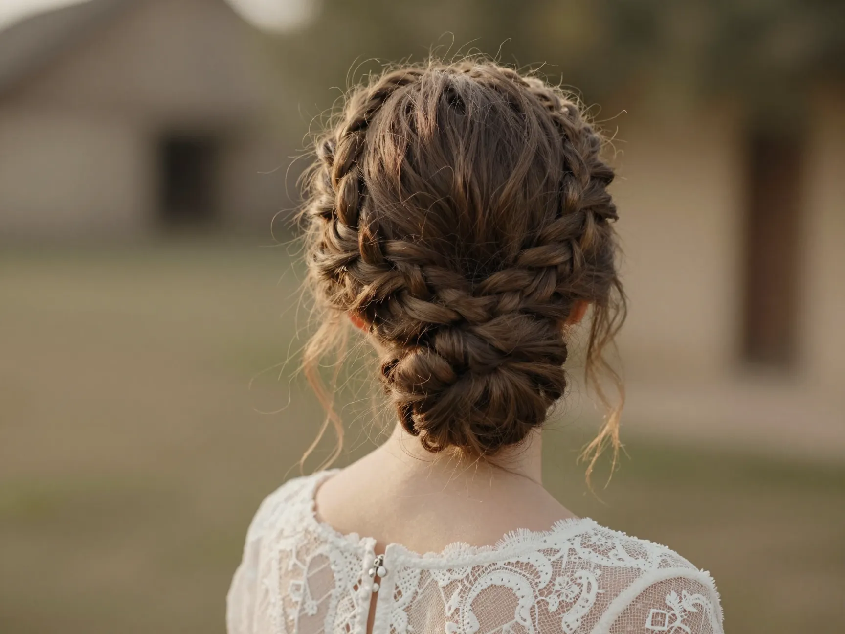 Rustic wedding bride braided low bun intricate french braid crown