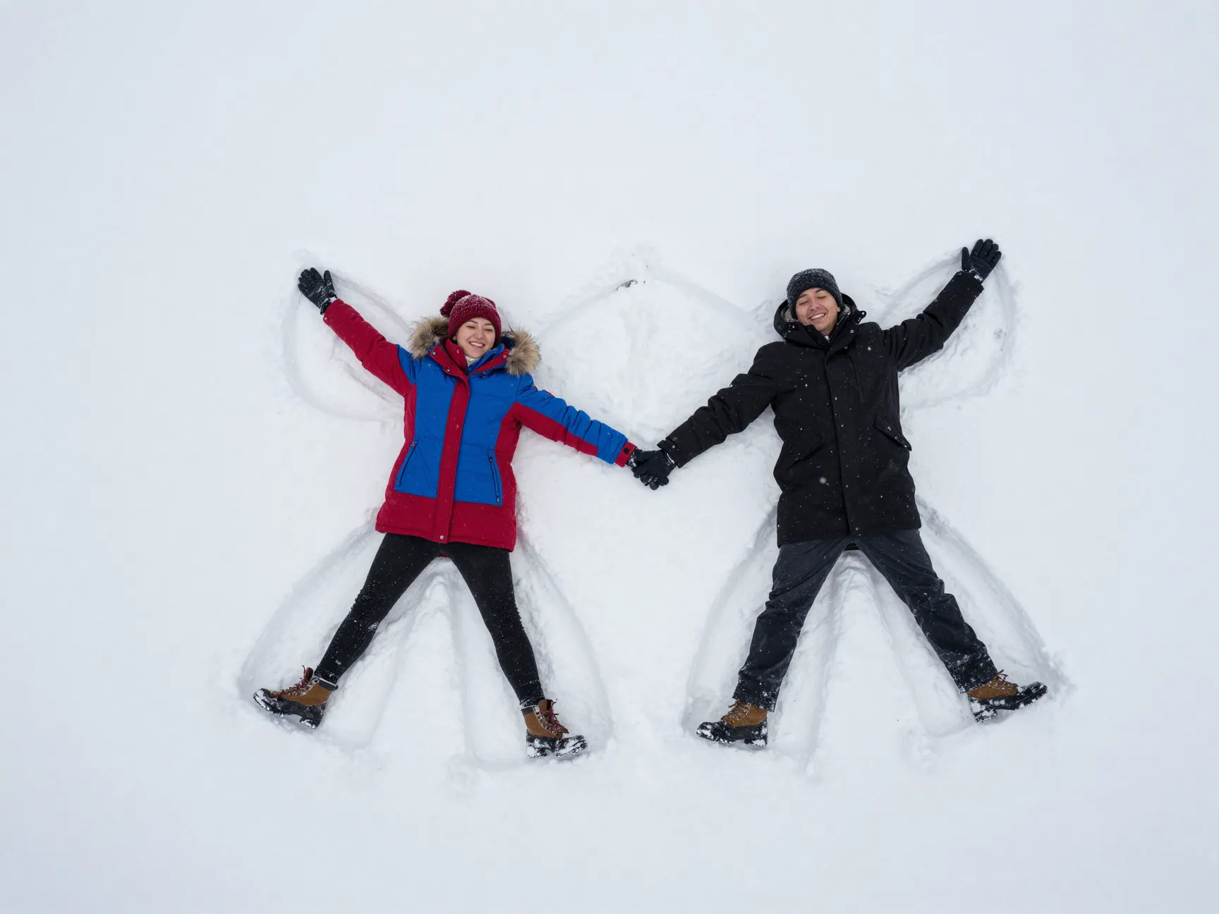 Bird eye view couple making snow angels in fresh snow