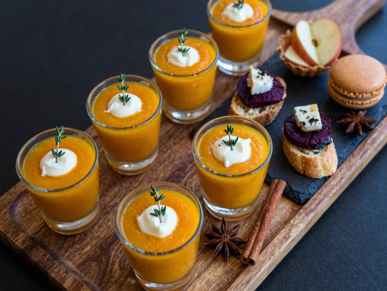 Gourmet butternut squash soup shooters on rustic tray