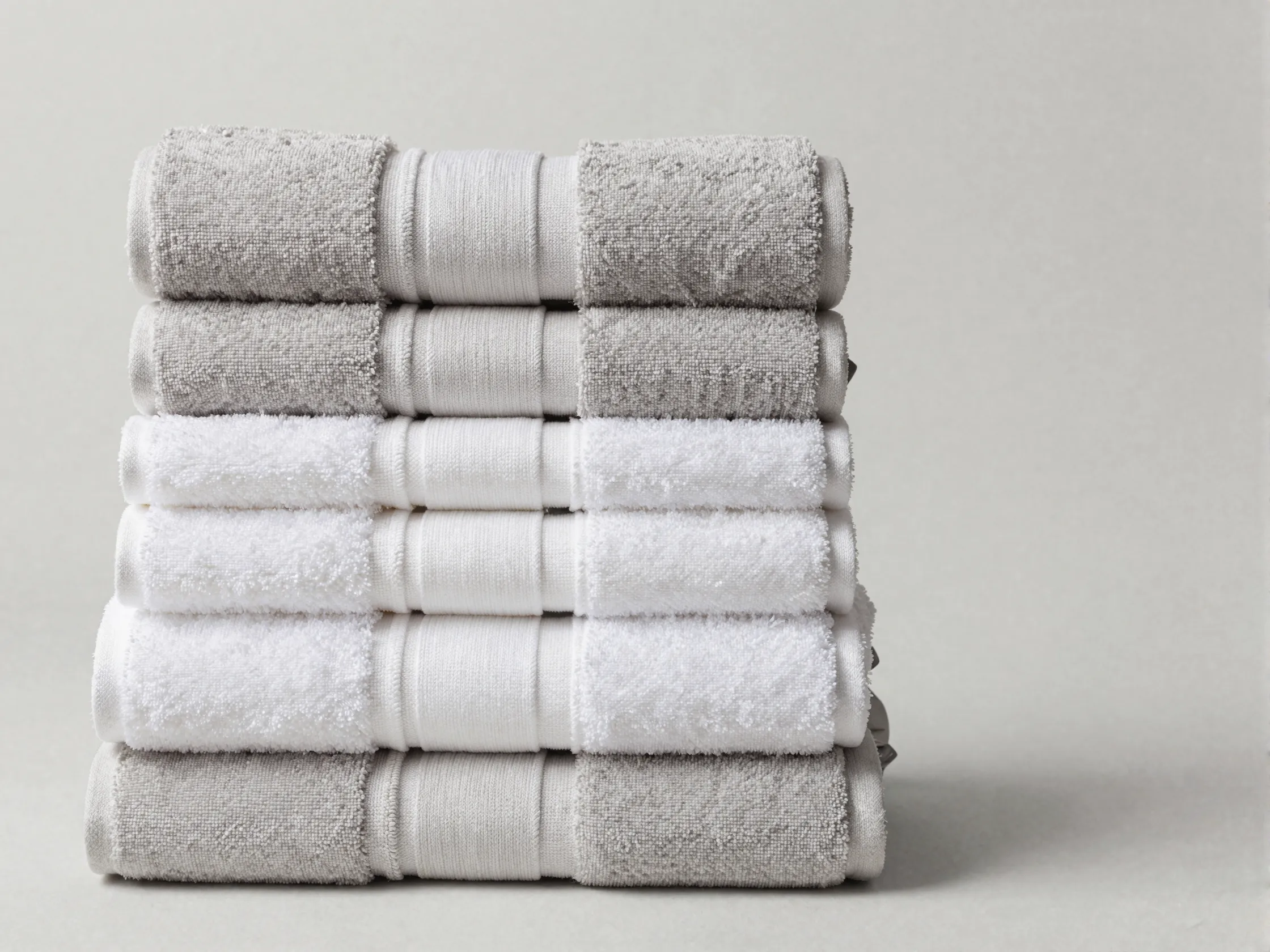 Plush turkish cotton bath towel set stacked in neutral colors