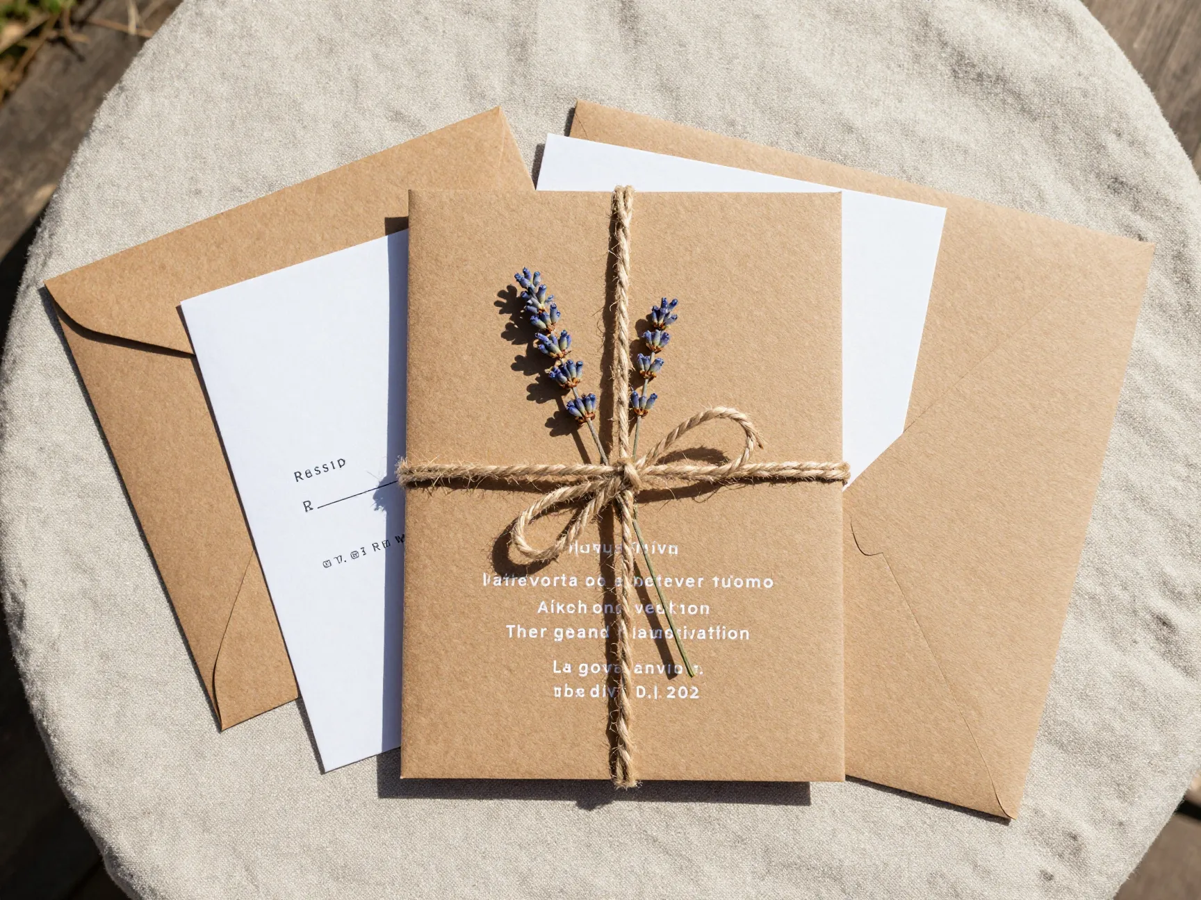 Rustic kraft paper invitation tied with twine and dried lavender