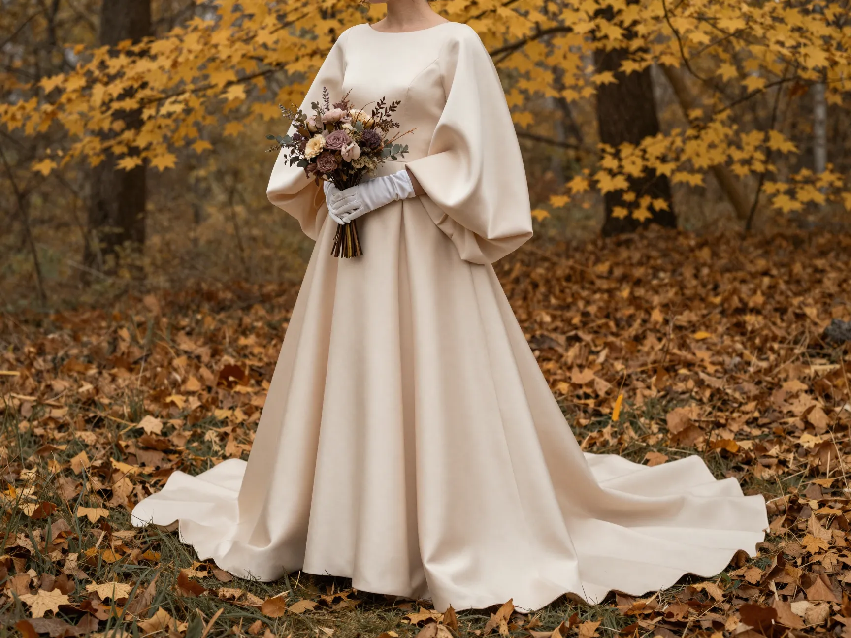Bride in champagne gown with statement sleeves autumn foliage