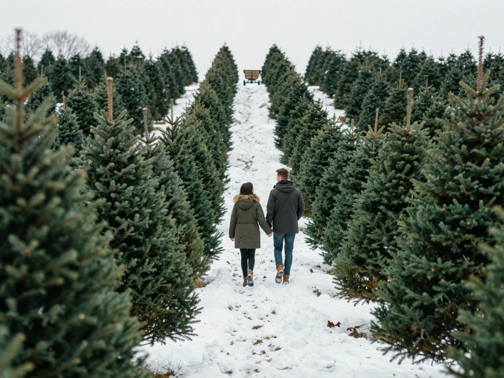 Couple walking hand in hand through christmas tree farm rows