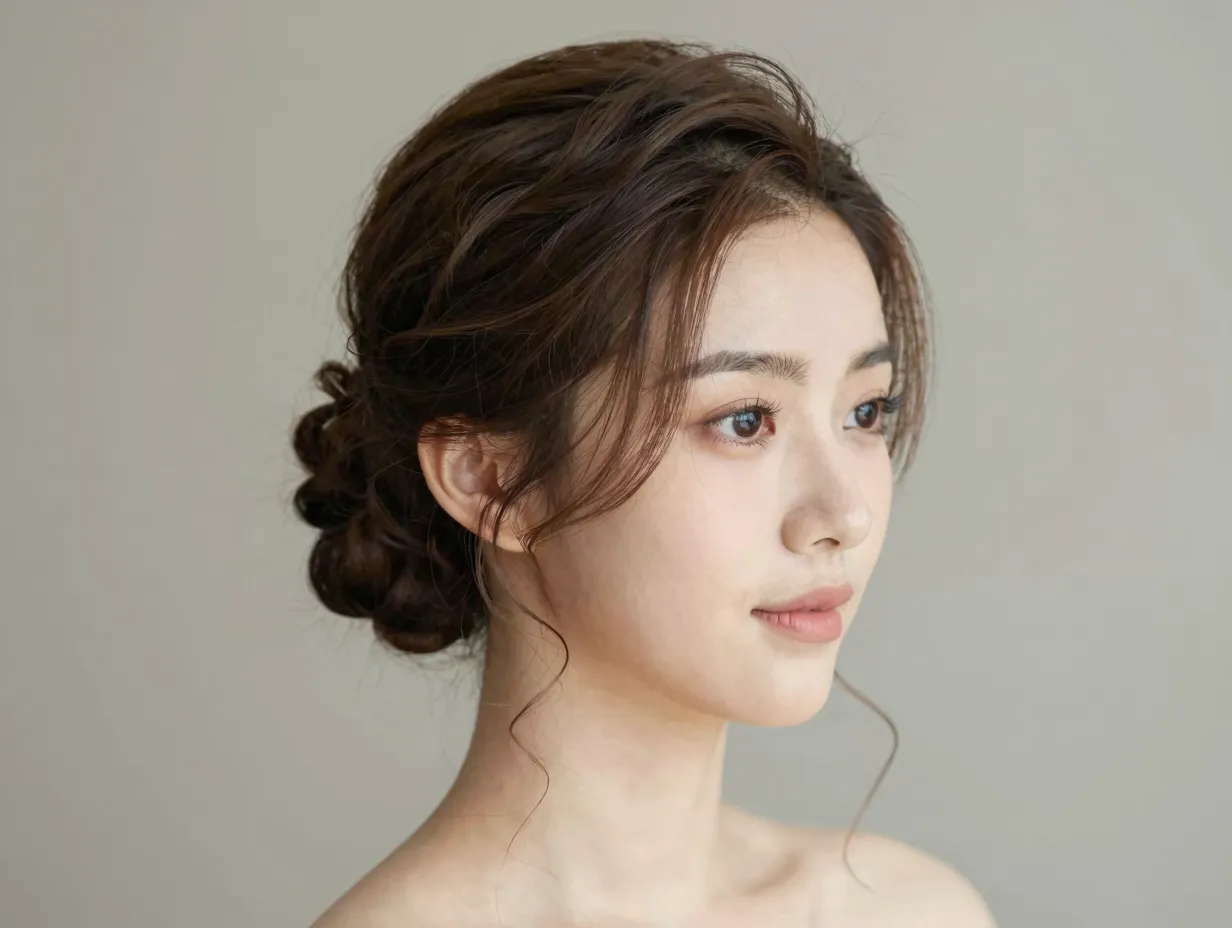 Oval face bride low bun with face framing tendrils soft curls