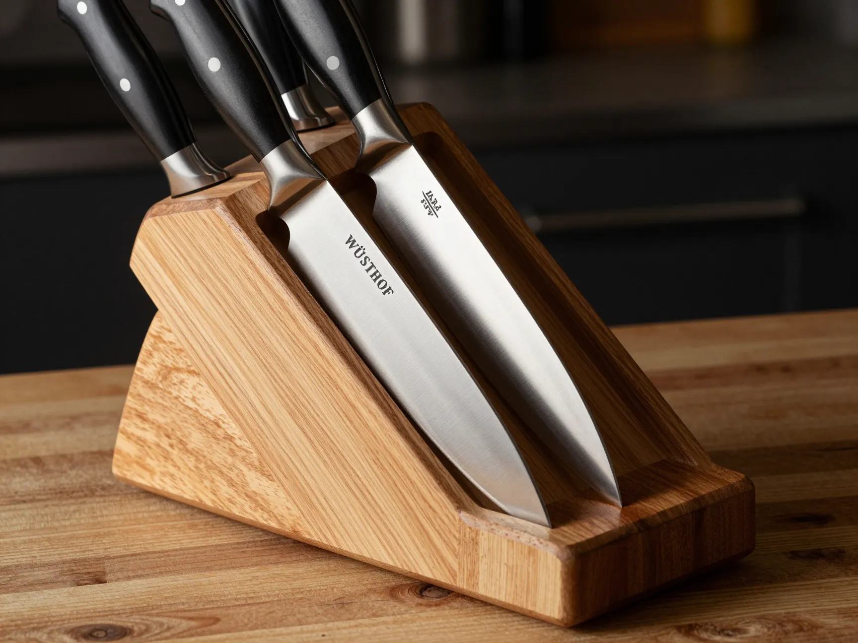 Professional chef knife set displayed in a wooden block