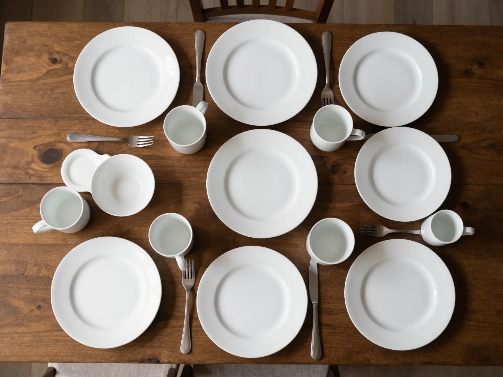 Classic white dinnerware set for eight on a dining table