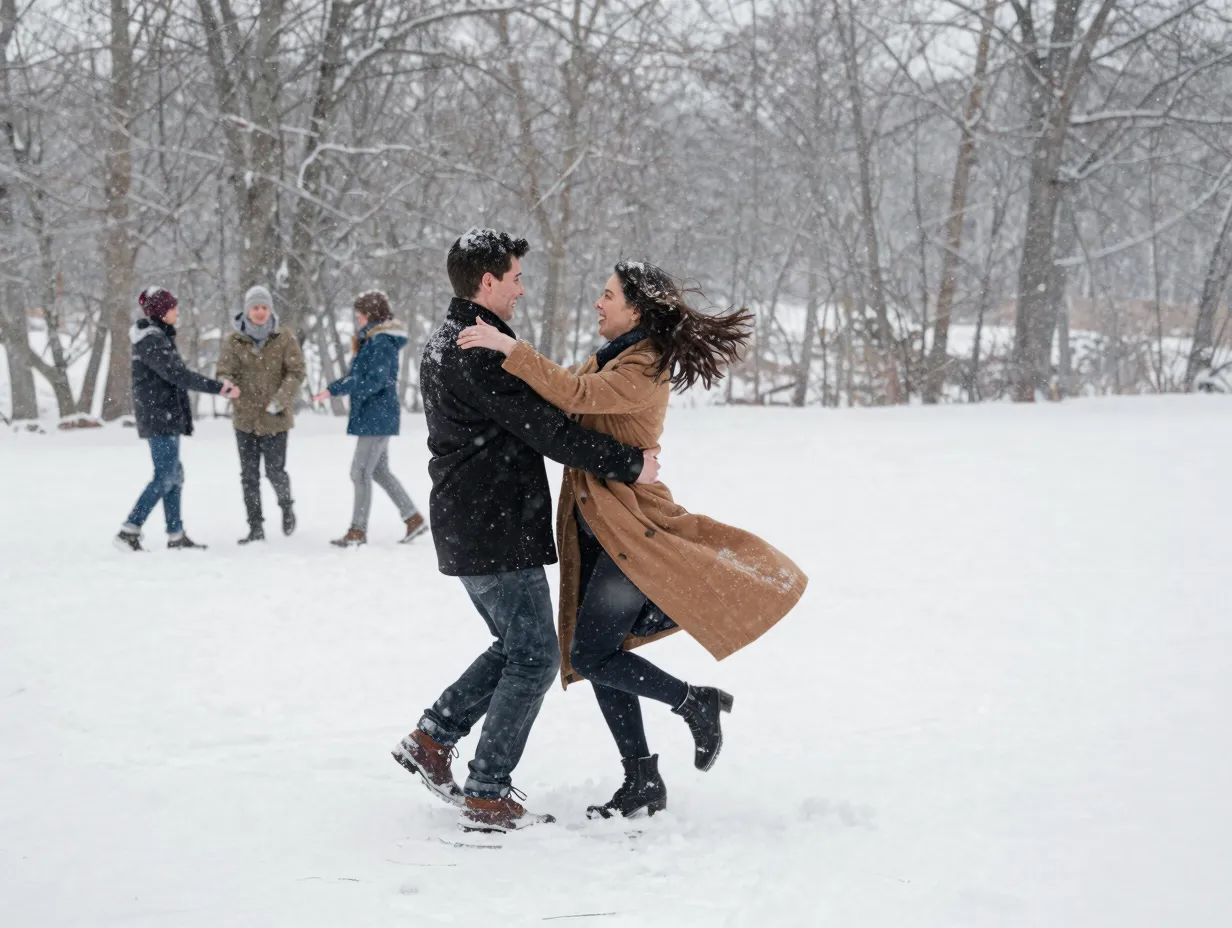 Couple twirling together in snowfall open snowy clearing